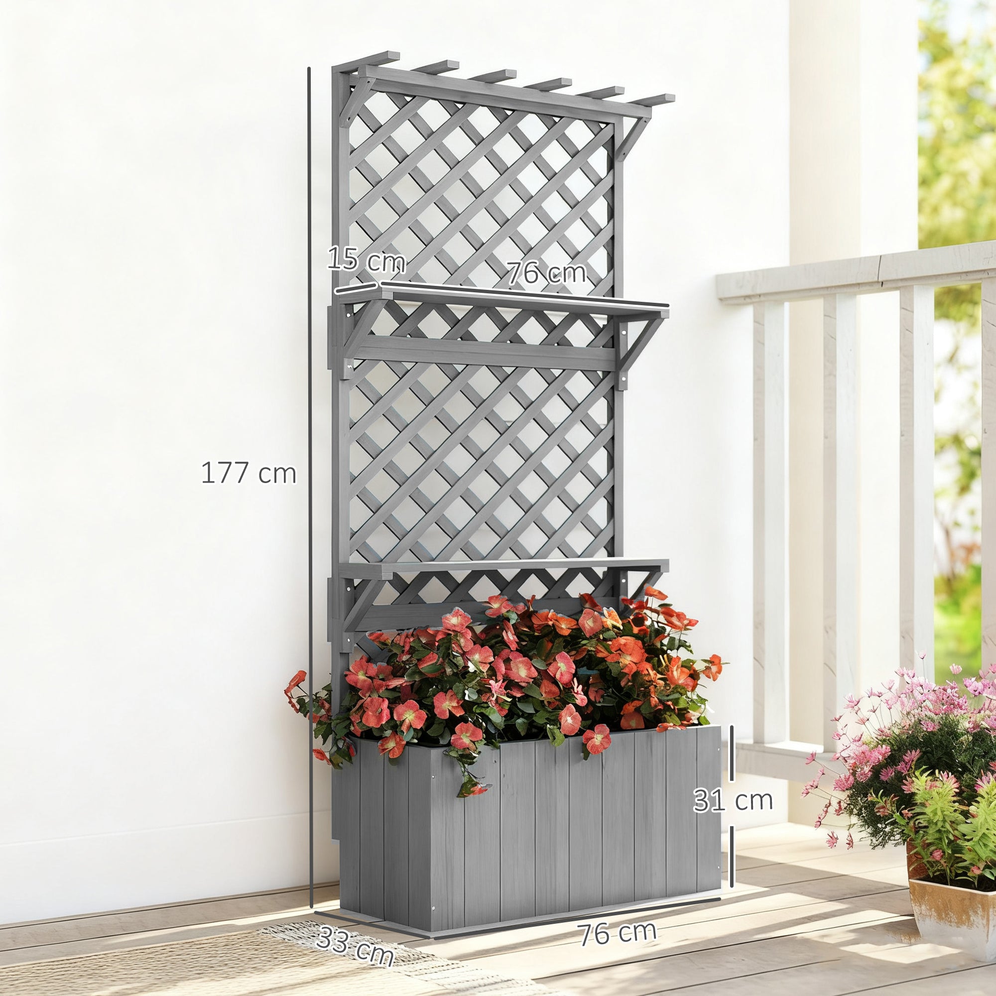 Outsunny 52L Wooden Planter, with Trellis and Shelves - Grey - anydaydirect