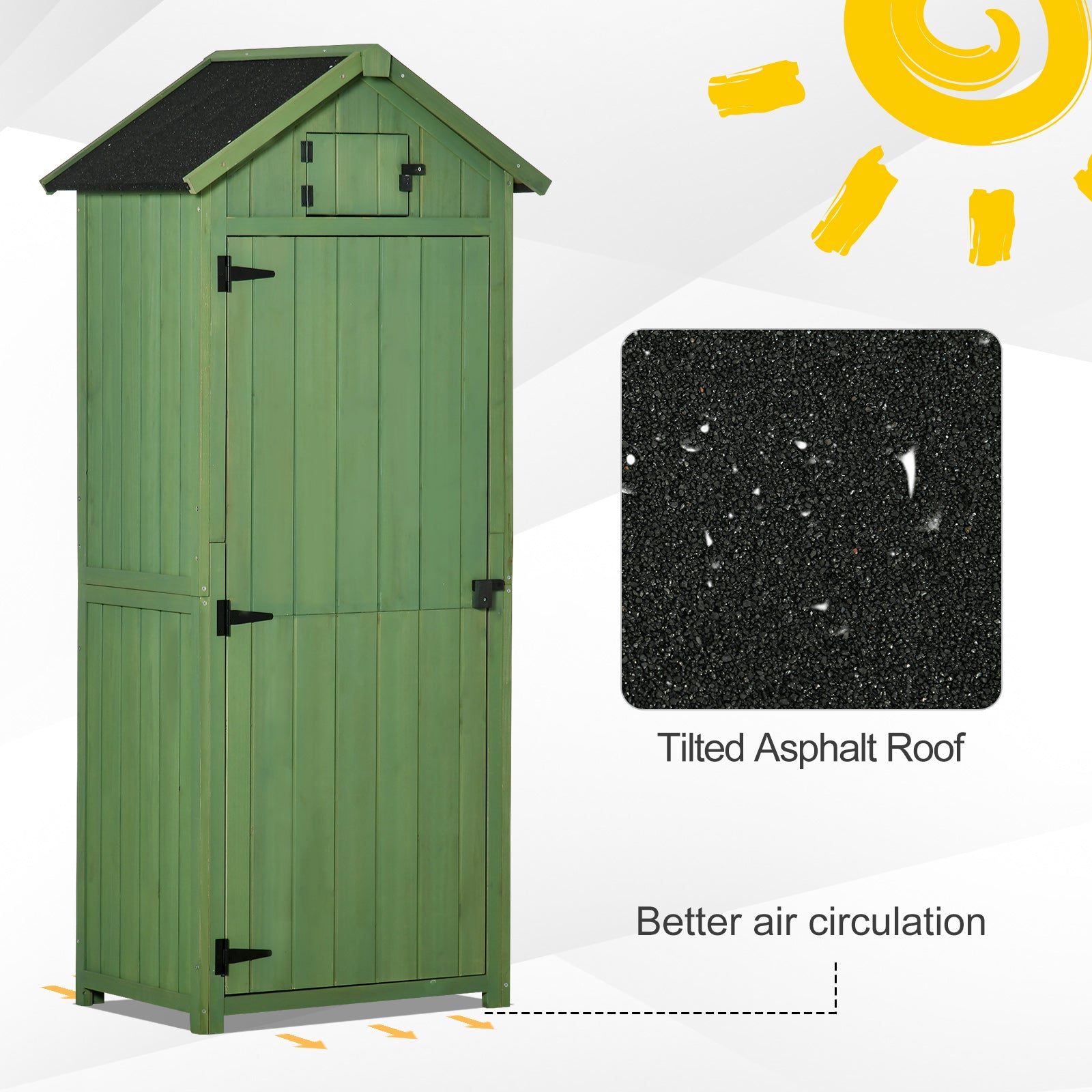 Outsunny Garden Shed Vertical Utility 3 Shelves Shed Wood Outdoor Garden Tool Storage Unit Storage Cabinet, 77 x 54.2 x 179cm - Green - anydaydirect