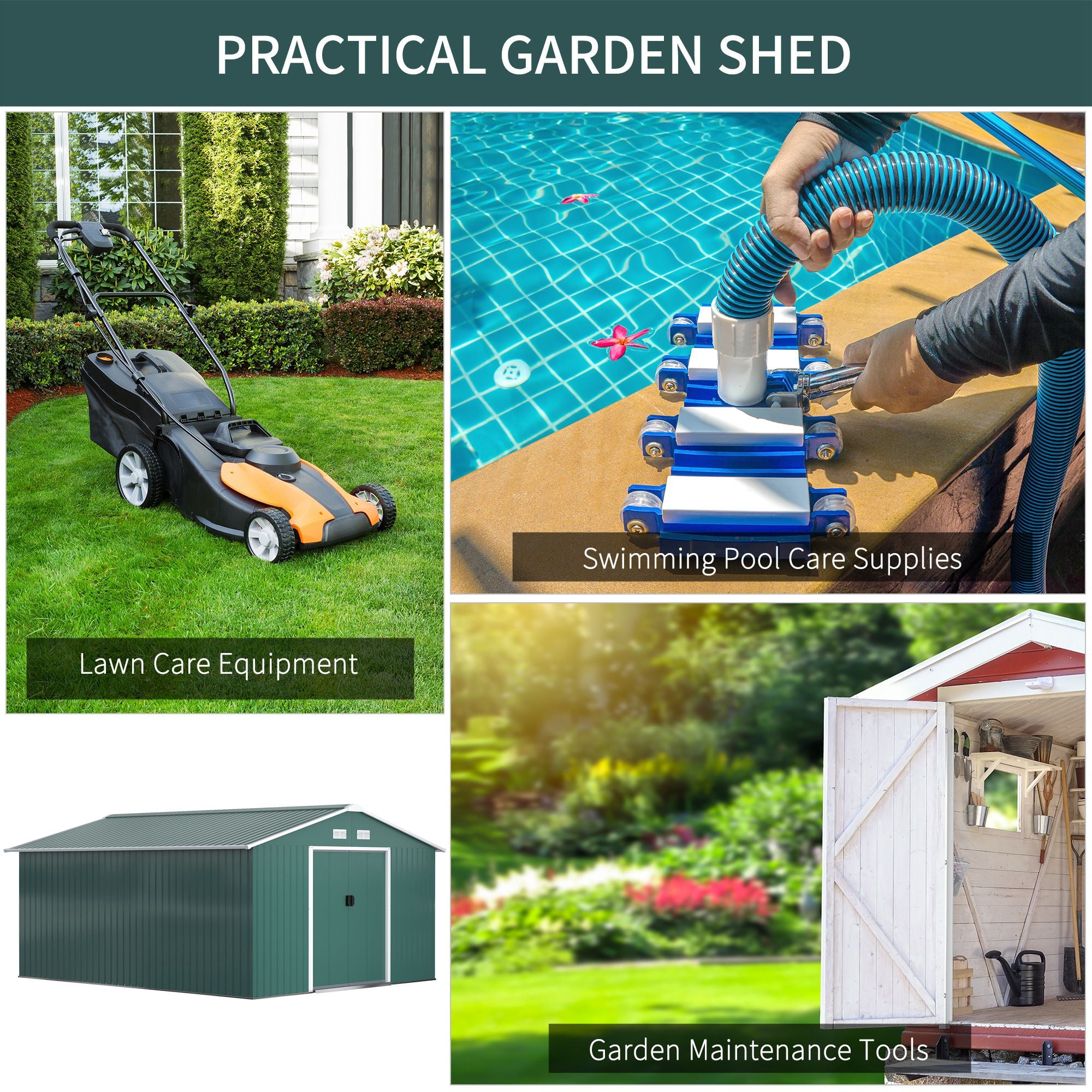 Outsunny 13 x 11 ft Metal Garden Shed Large Patio Roofed Tool Storage Box with Ventilation and Sliding Door, Deep Green - anydaydirect