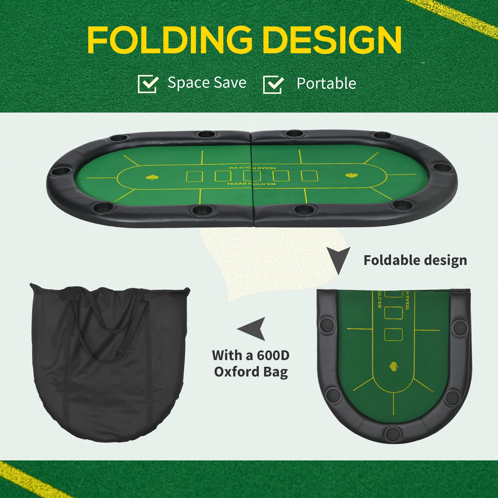 SPORTNOW Foldable Poker Mat, 10-Player Table Top with Cup Holder, Carry Bag - Green - anydaydirect