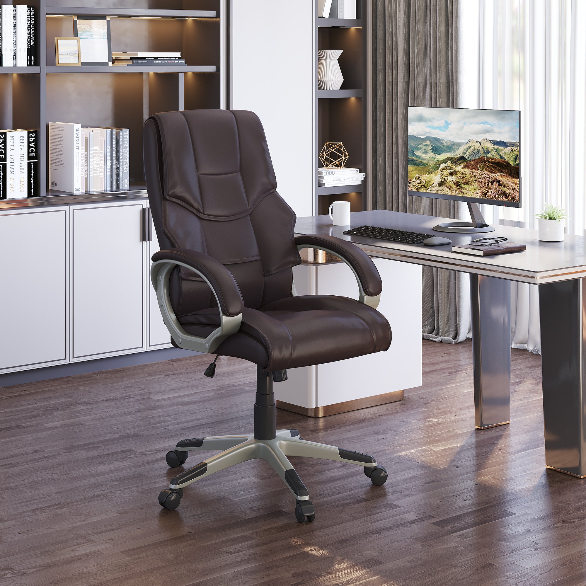 HOMCOM Home Office Chair High Back Computer Desk Chair with Faux Leather Adjustable Height Rocking Function Brown - anydaydirect
