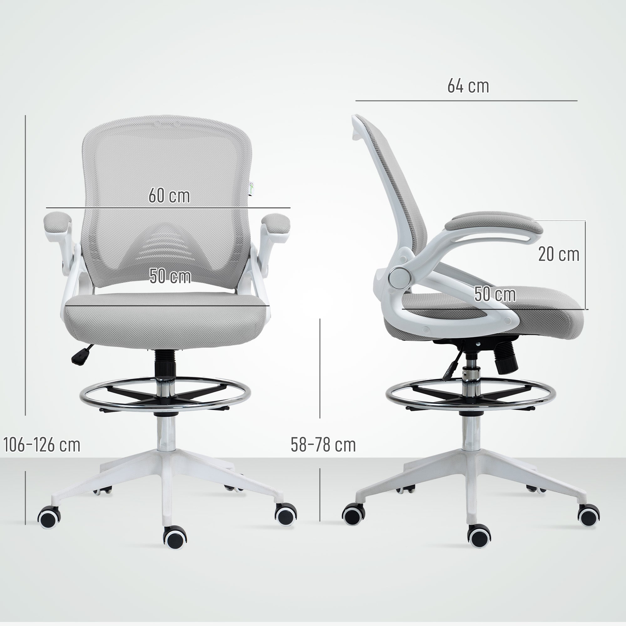 Vinsetto Drafting Chair with Flip-up Armrest, Mesh Office Stool with Foot Ring, 360° Swivel Height Adjustable Chair for Standing Desk, Light Grey - anydaydirect