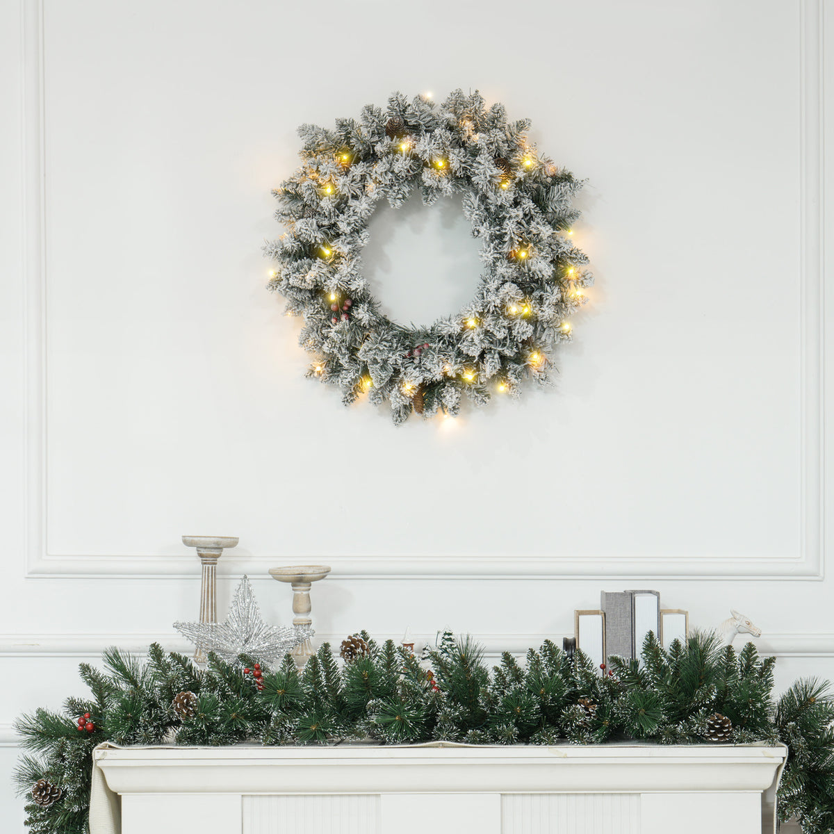 HOMCOM 60cm Pre-Lit Christmas Wreath for Front Door with LED Lights, Pine Cones and Red Berries, Flocked Winter Wreath for Windows, Wall Decoration, Green - anydaydirect