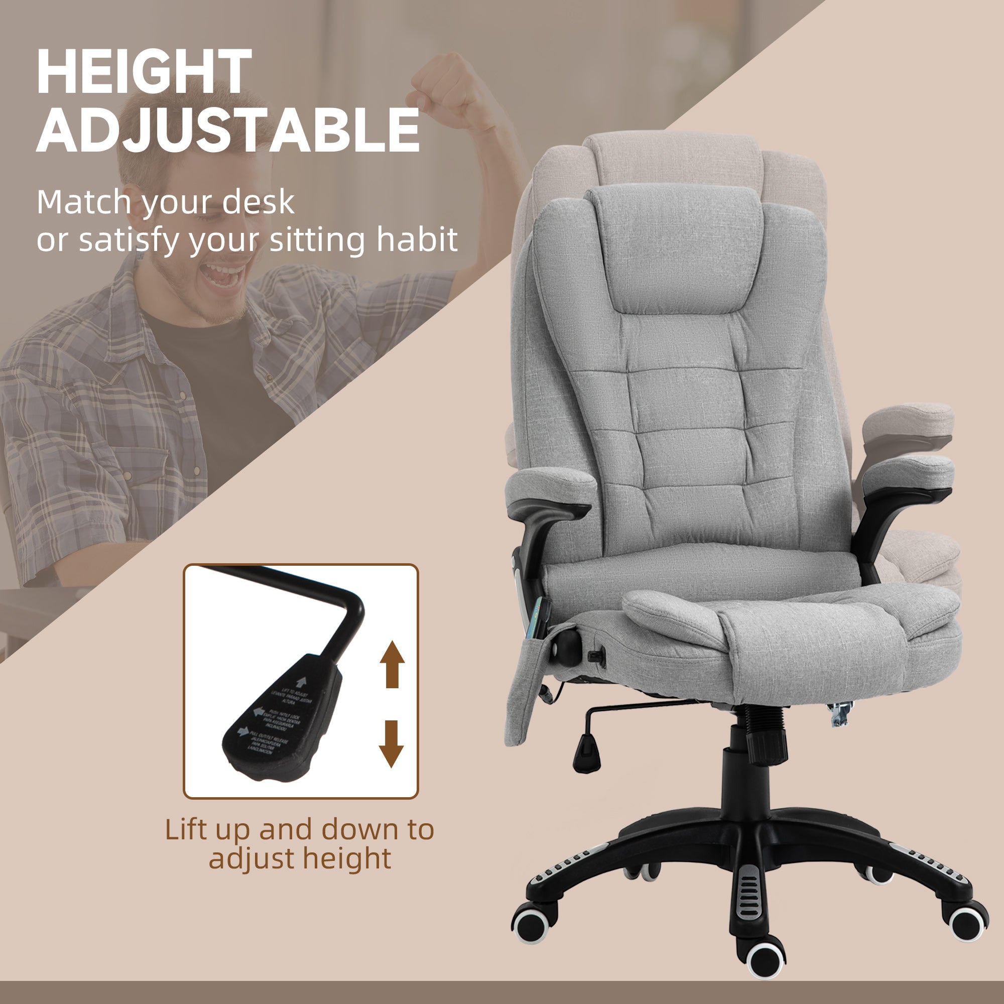 Vinsetto Office Chair, Ergonomic Desk Chair with 6-Point Massage and Back Heated, Linen-Feel Fabric Computer Gaming Chair with Arms, Lumbar Support, Light Grey - anydaydirect