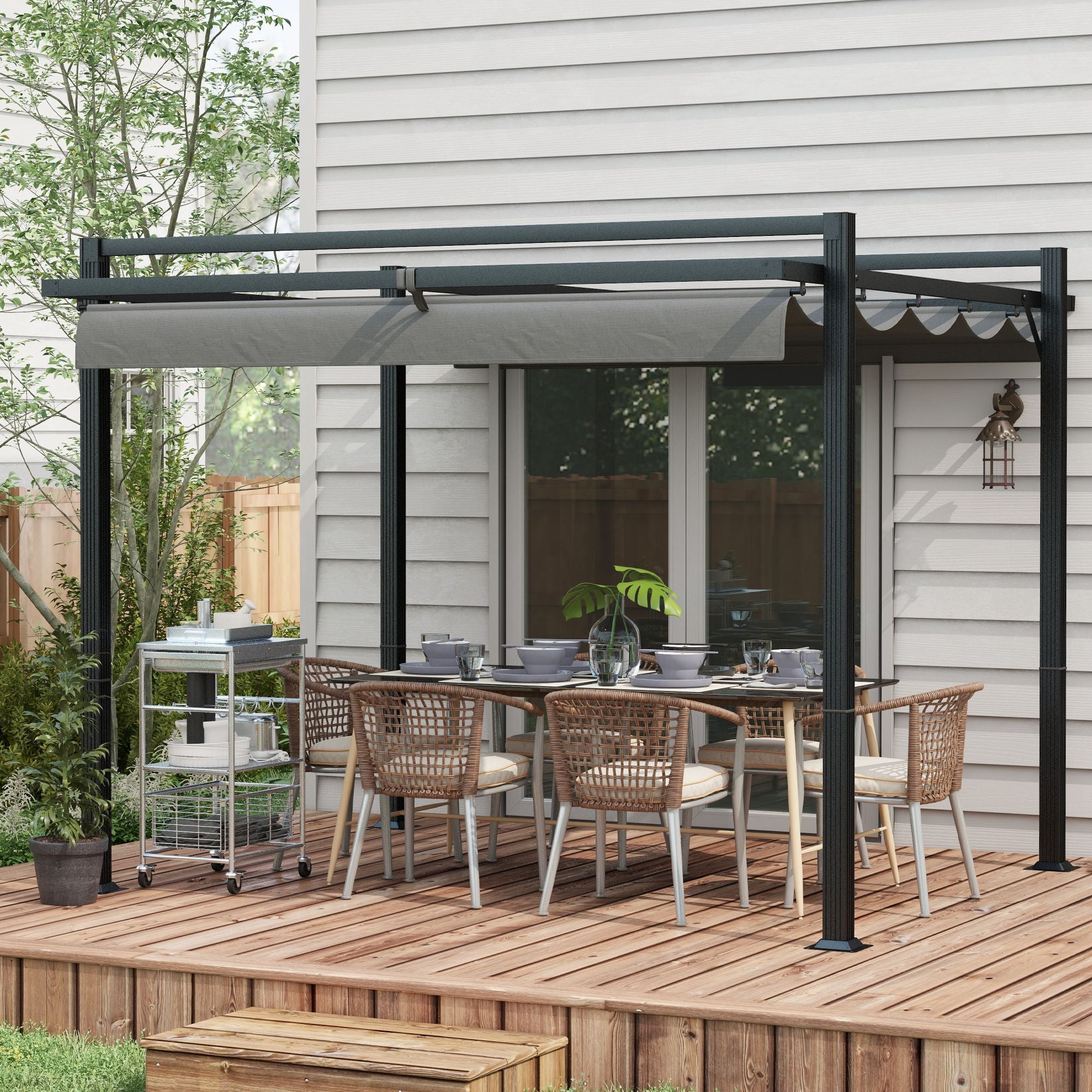 Outsunny 3 x 3(m) Retractable Pergola, Garden Gazebo Shelter with Aluminium Frame, for Grill, Patio, Deck, Dark Grey - anydaydirect