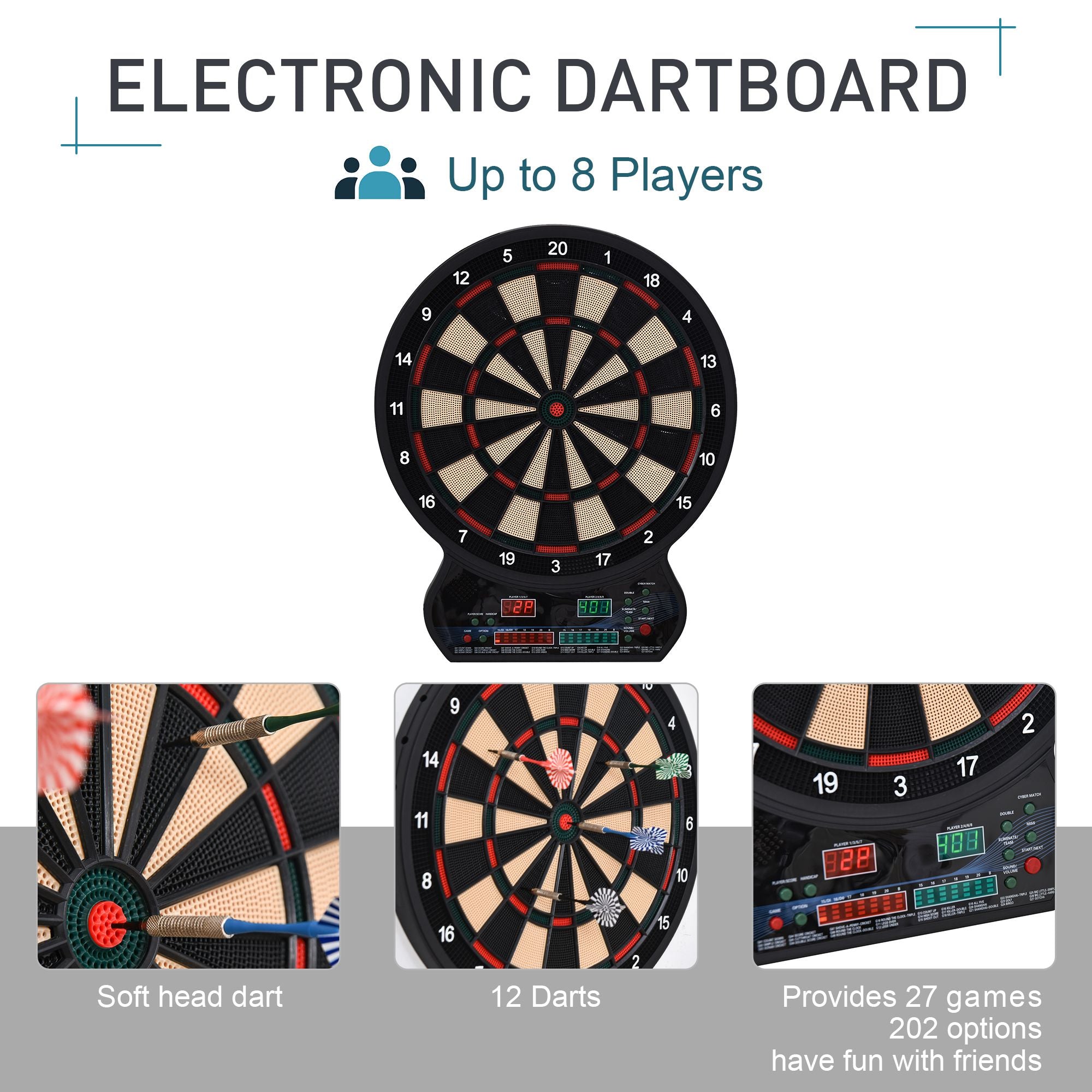 HOMCOM Electronic Hanging Dartboard LED Digital Score Set 27 Games and 202 Variations with 12 Soft Tip Darts - anydaydirect