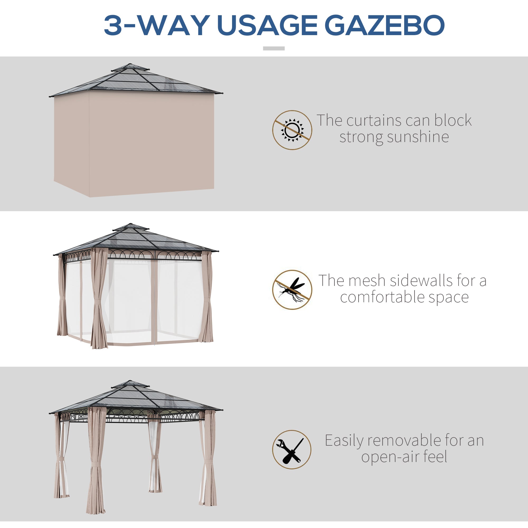 Outsunny 3 x 3 (m) Outdoor Polycarbonate Gazebo, Double Roof Hard Top Gazebo with Galvanised Steel Frame, Nettings & Curtains for Garden, Lawn, Patio and Deck, Khaki - anydaydirect