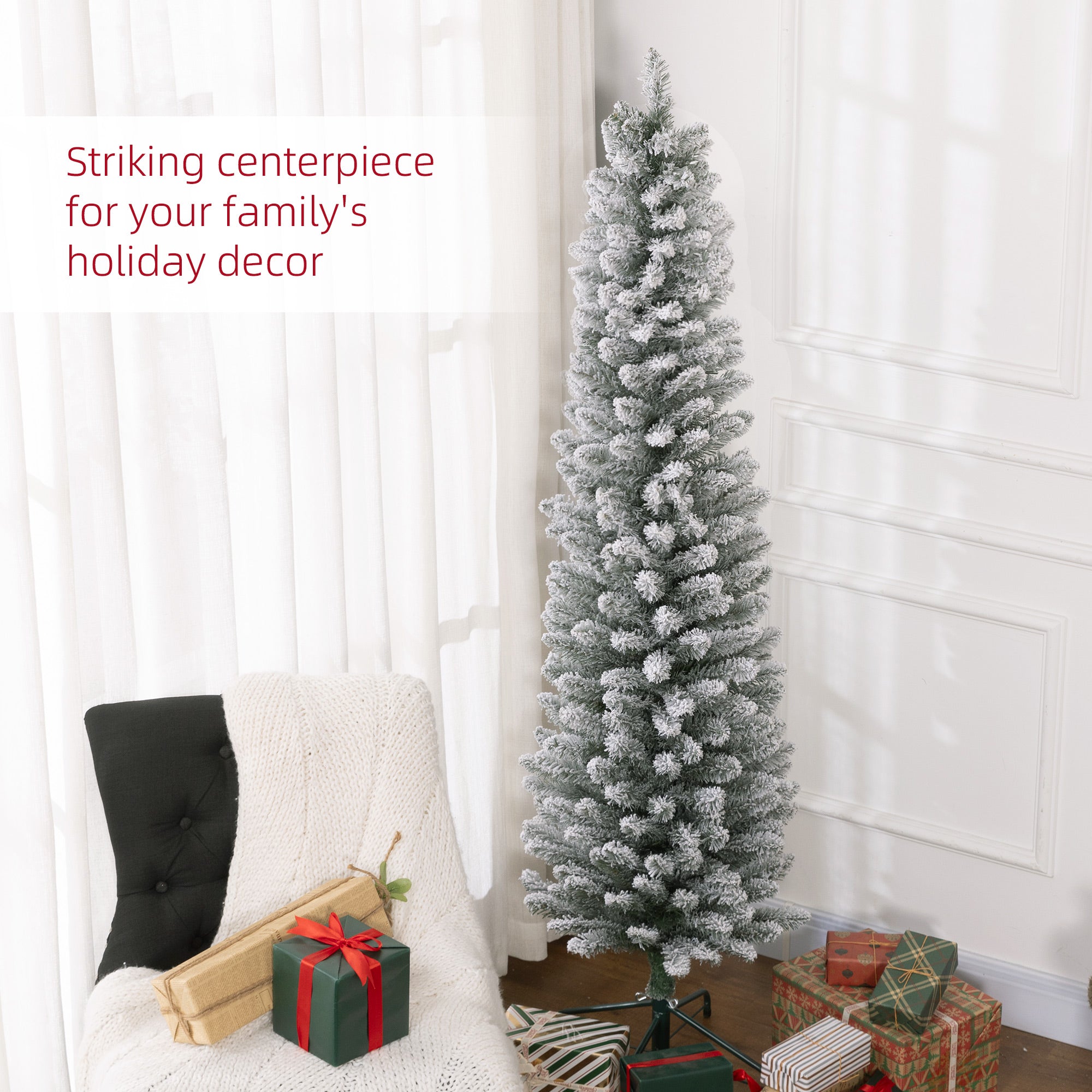 HOMCOM 6ft Artificial Pencil Christmas Tree with 329 Snow Flocked Tips, Metal Base, Realistic Xmas Tree - anydaydirect