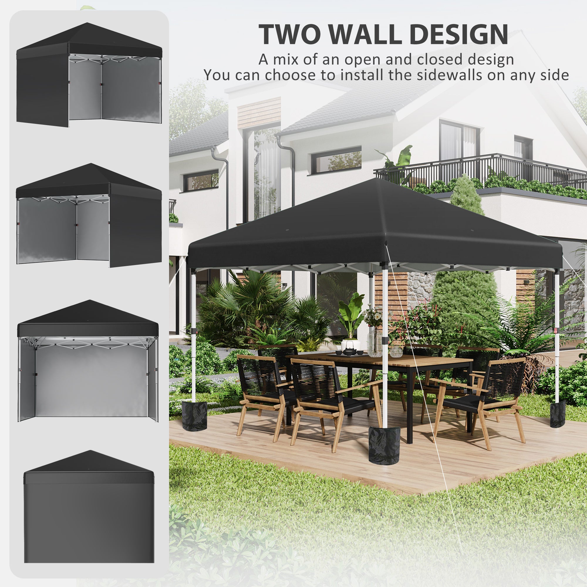 Outsunny 3 x 3 (M) Pop Up Gazebo Event Shelter, Height Adjustable Party Tent with 3 Sidewalls, Weight Bags and Wheeled Bag - anydaydirect