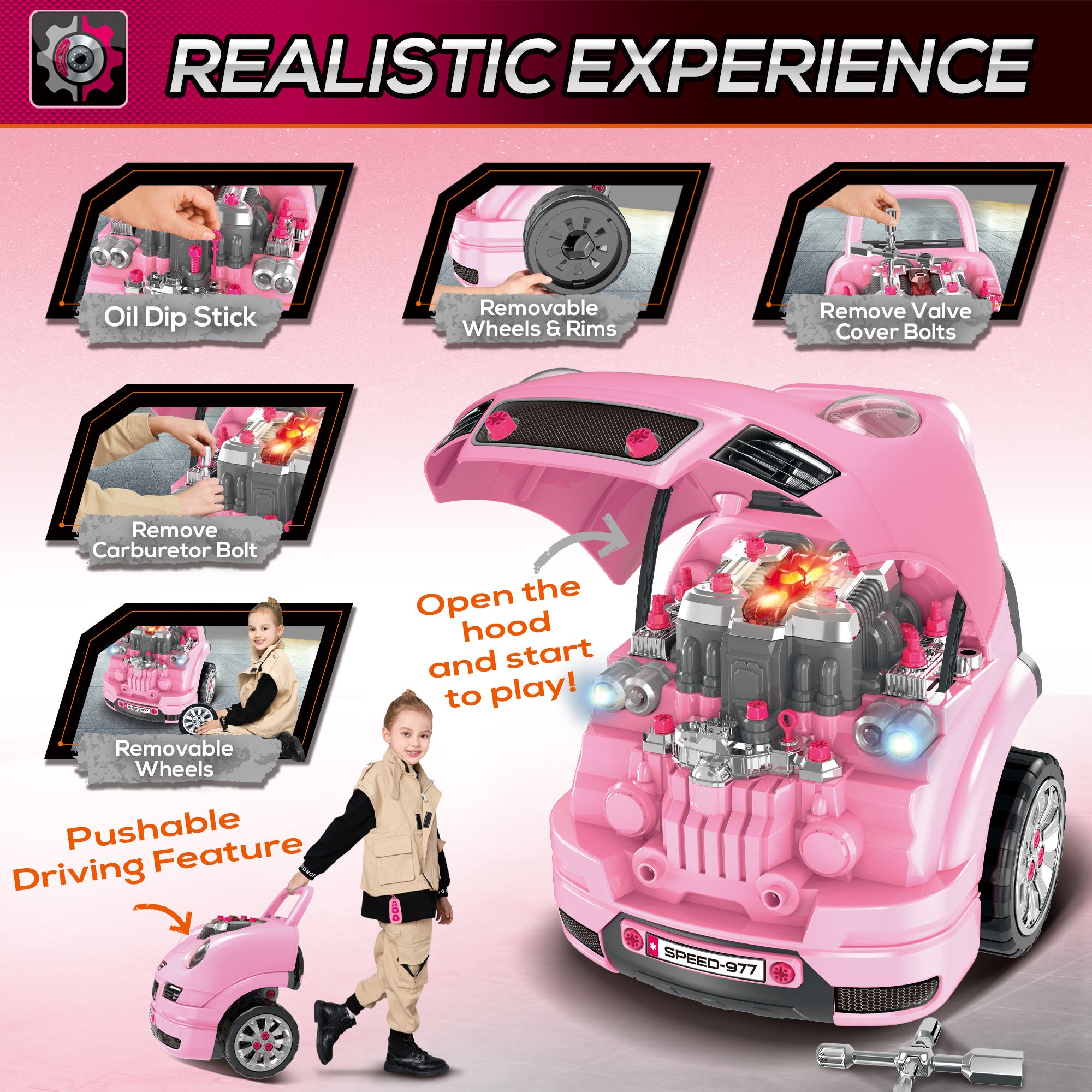 HOMCOM Kids Truck Engine Toy Set, with Horn, Light, Car Key, for Ages 3-5 Years - Pink - anydaydirect
