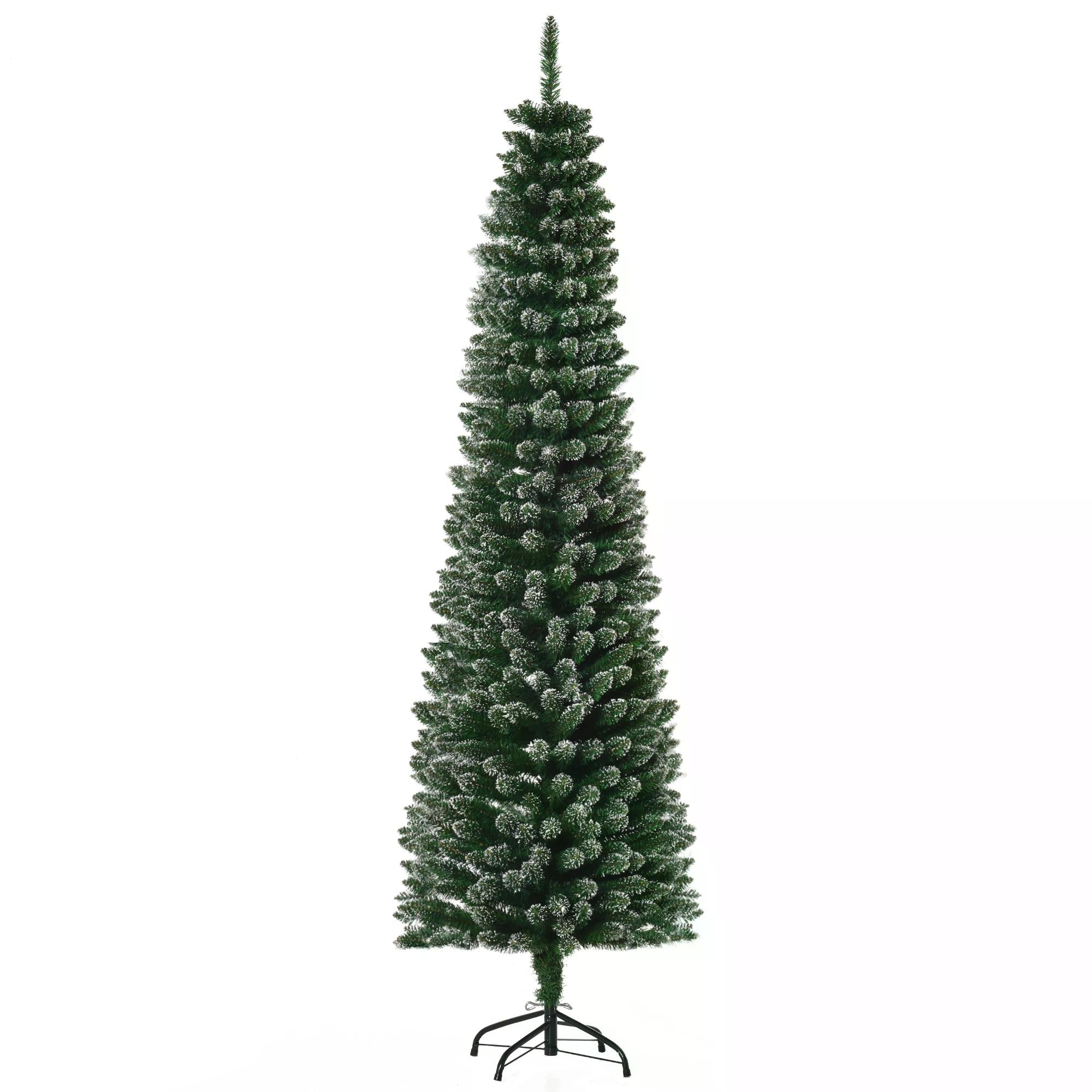 HOMCOM 6.5FT Artificial Snow Dipped Christmas Tree Xmas Pencil Tree Holiday Home Indoor Decoration with Foldable Black Stand, Green - anydaydirect
