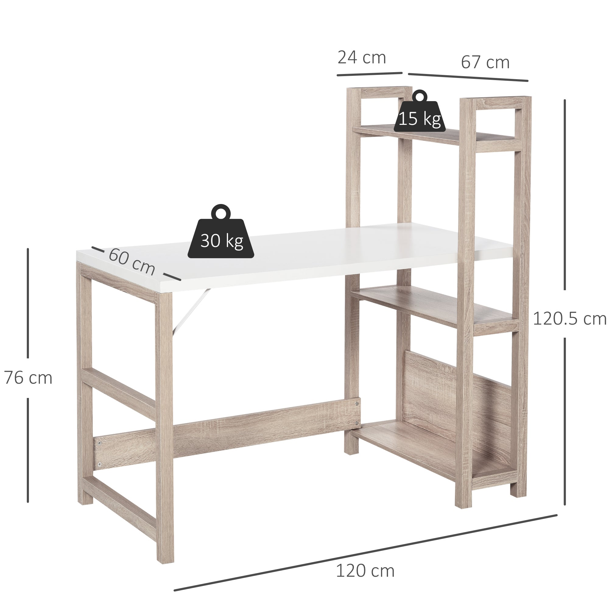 HOMCOM Computer Desk with 3 Tier Storage Shelves on Left or Right, 120cm Writing Table for Home Office, Study, Bedroom, White and Oak - anydaydirect