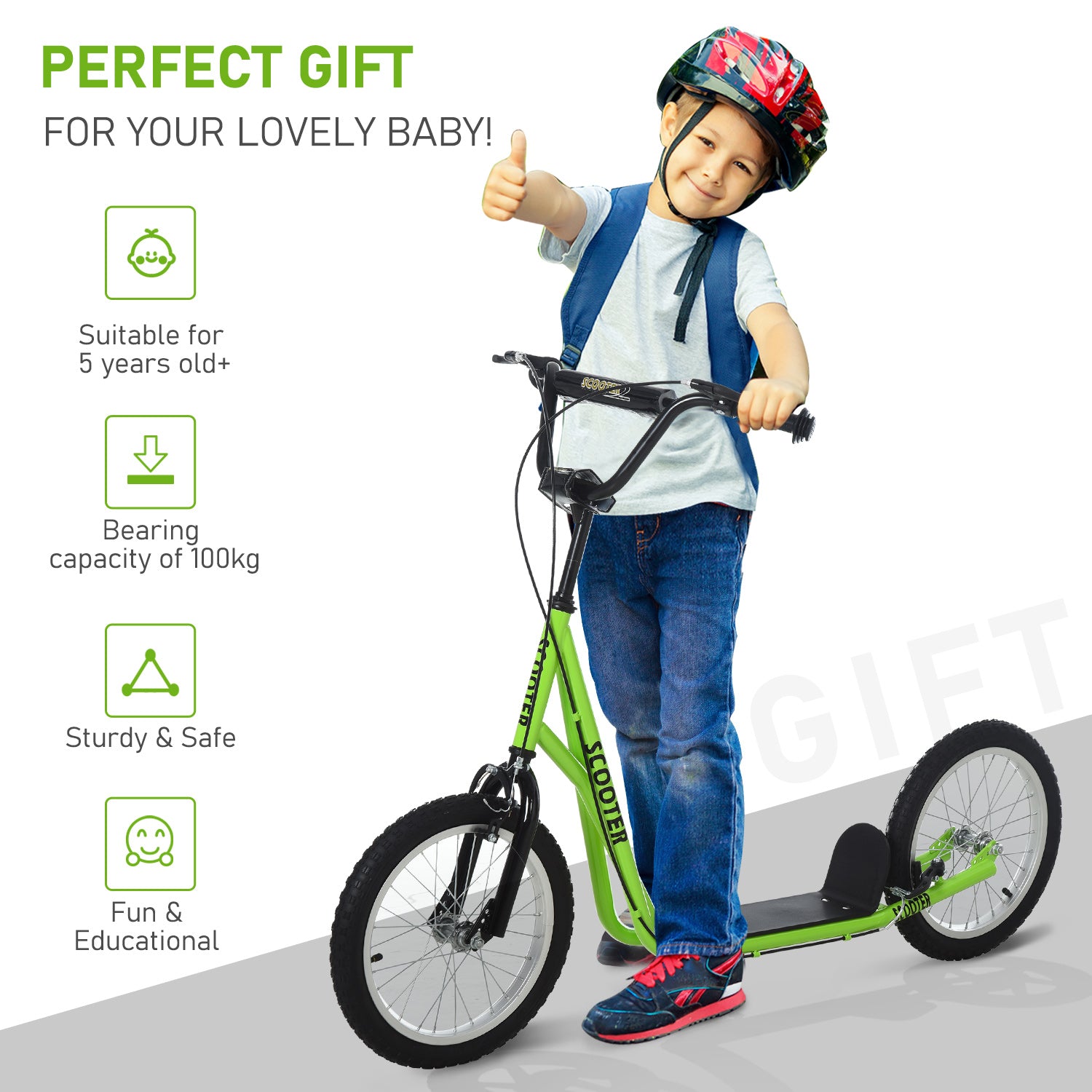HOMCOM Teen Kids Stunt Scooter Children Kick Scooter Adjustable Handlebar 2 Brakes Ride On 16 Inch Rubber Tyres Green - anydaydirect