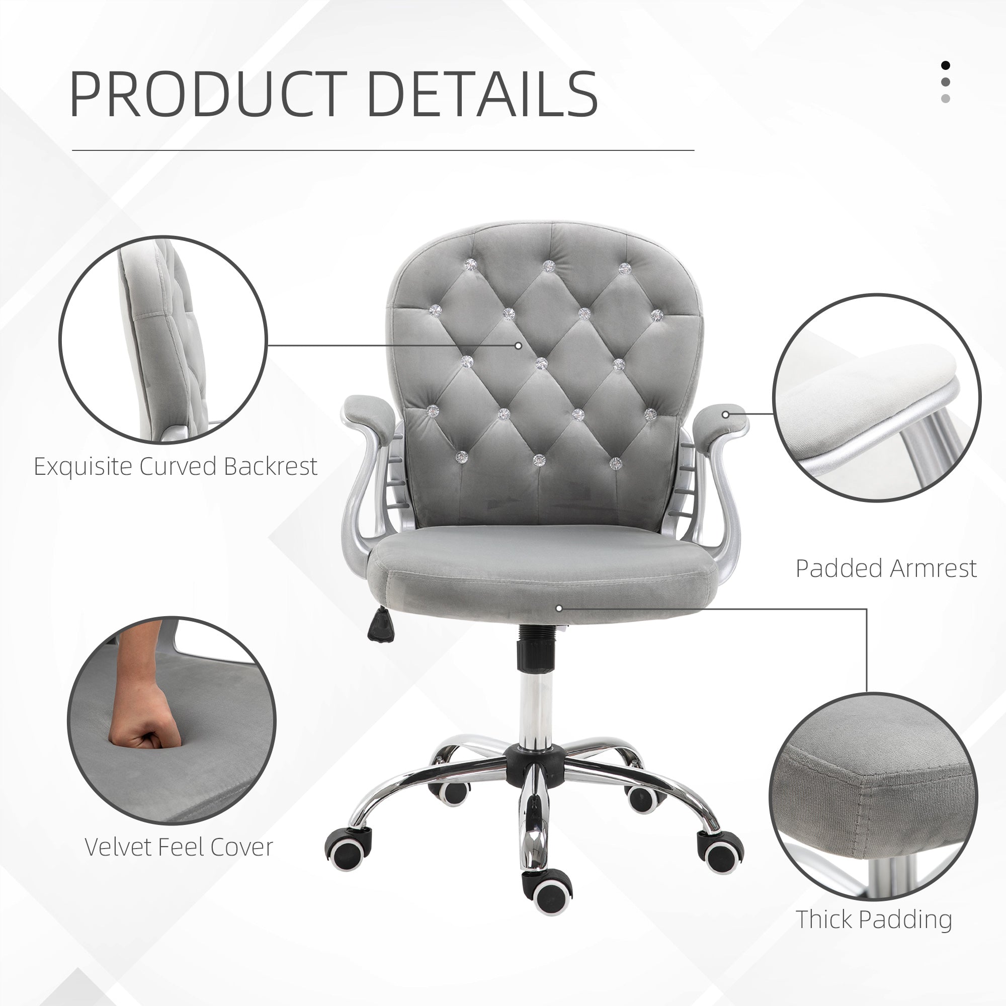 Vinsetto Office Chair, Swivel Desk Chair, Velvet Vanity Chair with Adjustable Height and Rolling Wheels for Home Work Study, Grey - anydaydirect