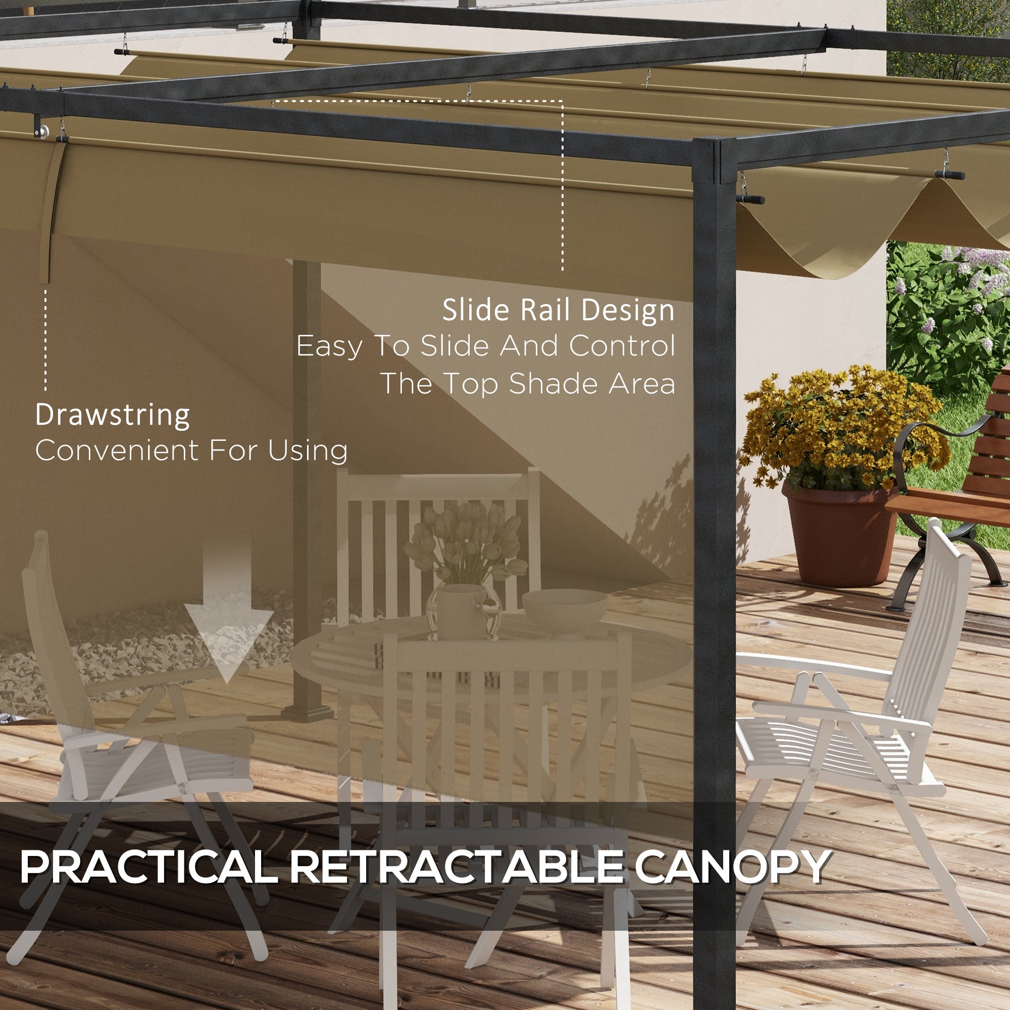 Outsunny 4 x 3(m) Metal Pergola with Retractable Roof, Garden Gazebo Canopy Shelter for Outdoor, Patio, Khaki - anydaydirect
