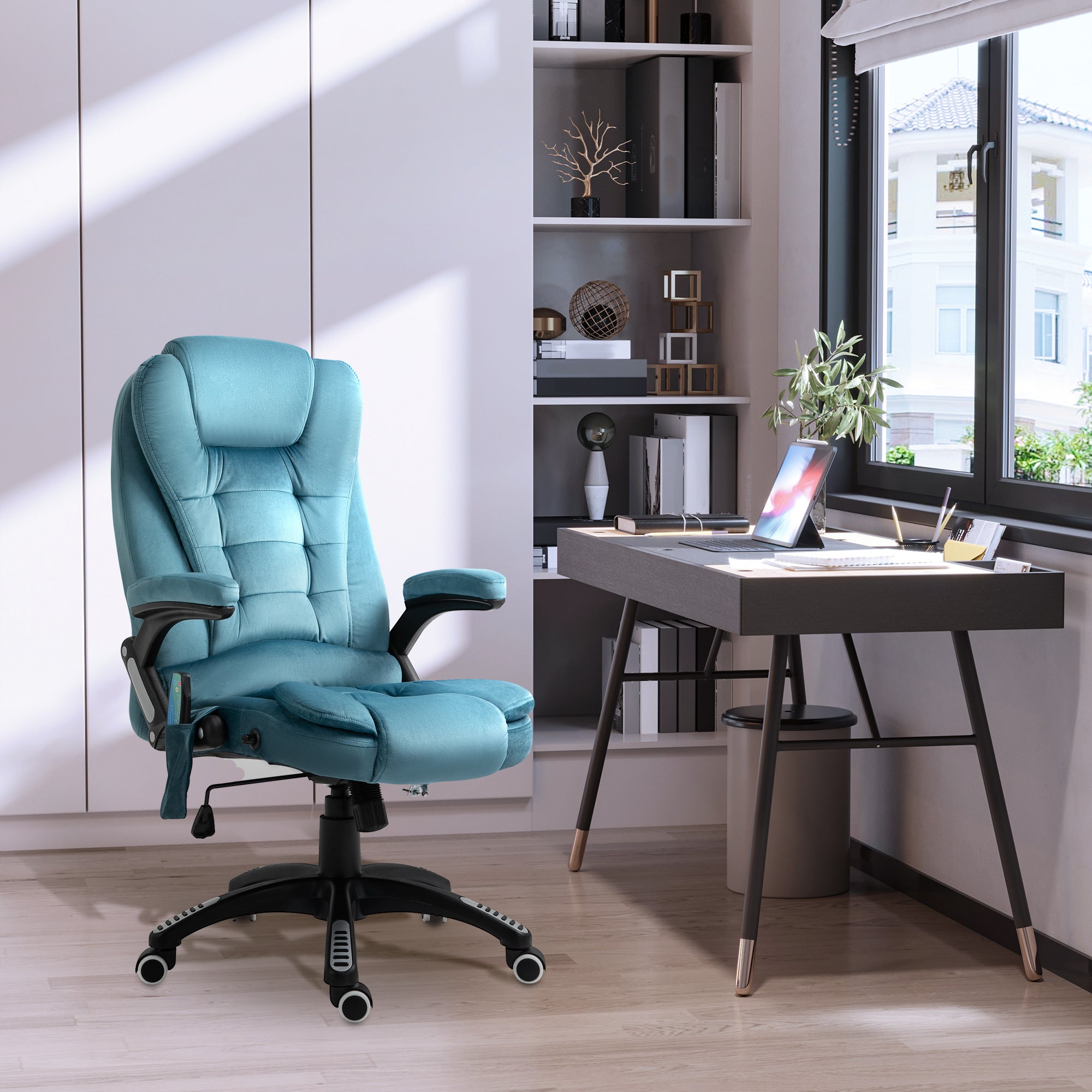 Vinsetto Massage Recliner Chair Heated Office Chair with Six Massage Points Velvet-Feel Fabric 360° Swivel Wheels Blue - anydaydirect
