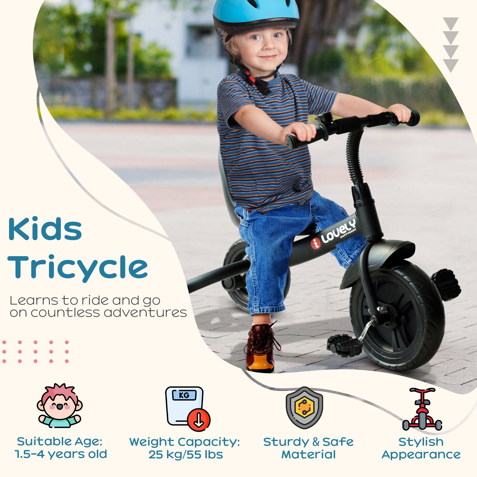 HOMCOM Ride On Tricycle 3 Wheels Plastic Pedal Trike for Kids over 18 Months , Black - anydaydirect
