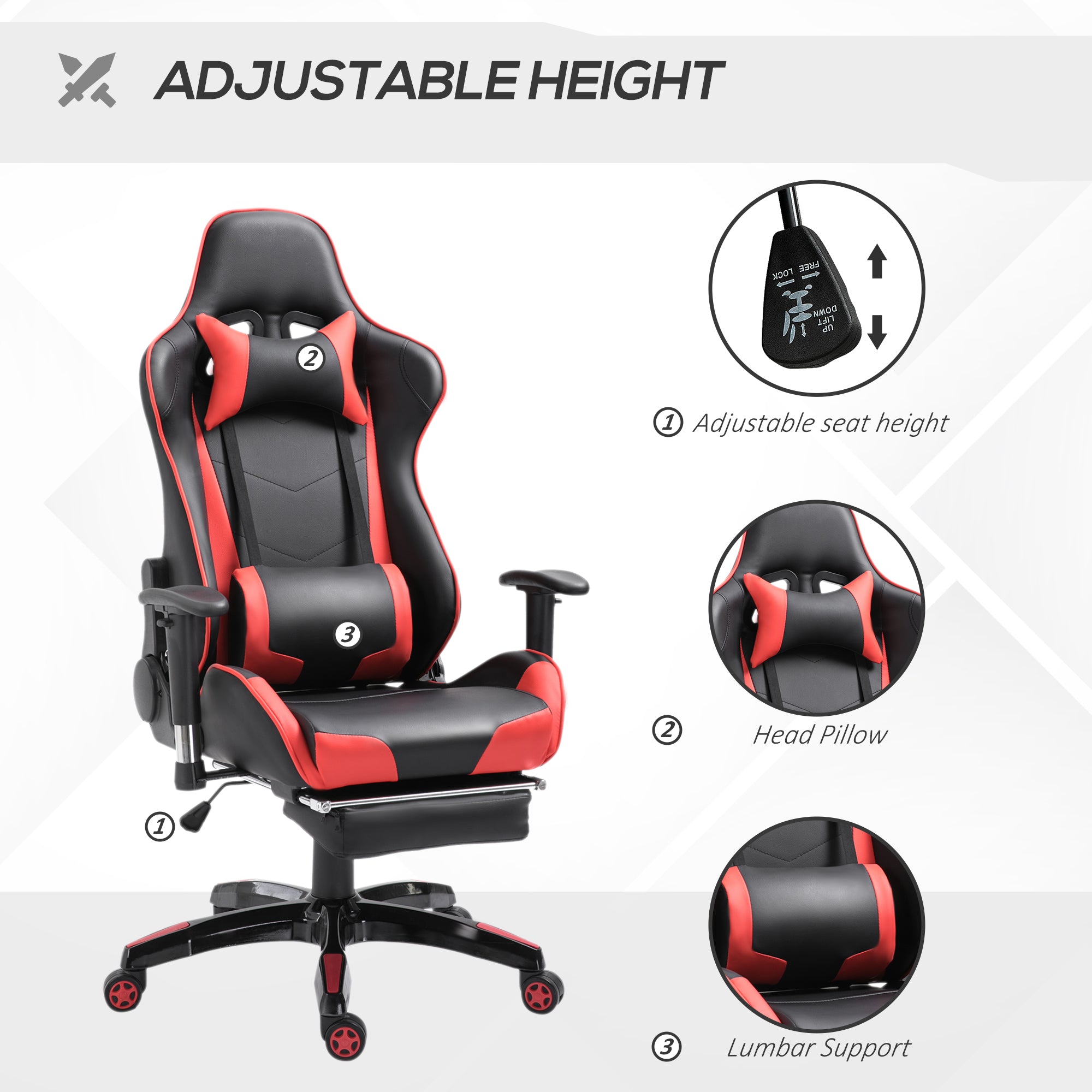 HOMCOM High-Back Gaming Chair Swivel Home Office Computer Racing Gamer Recliner Chair Faux Leather with Footrest, Wheels, Red Black - anydaydirect