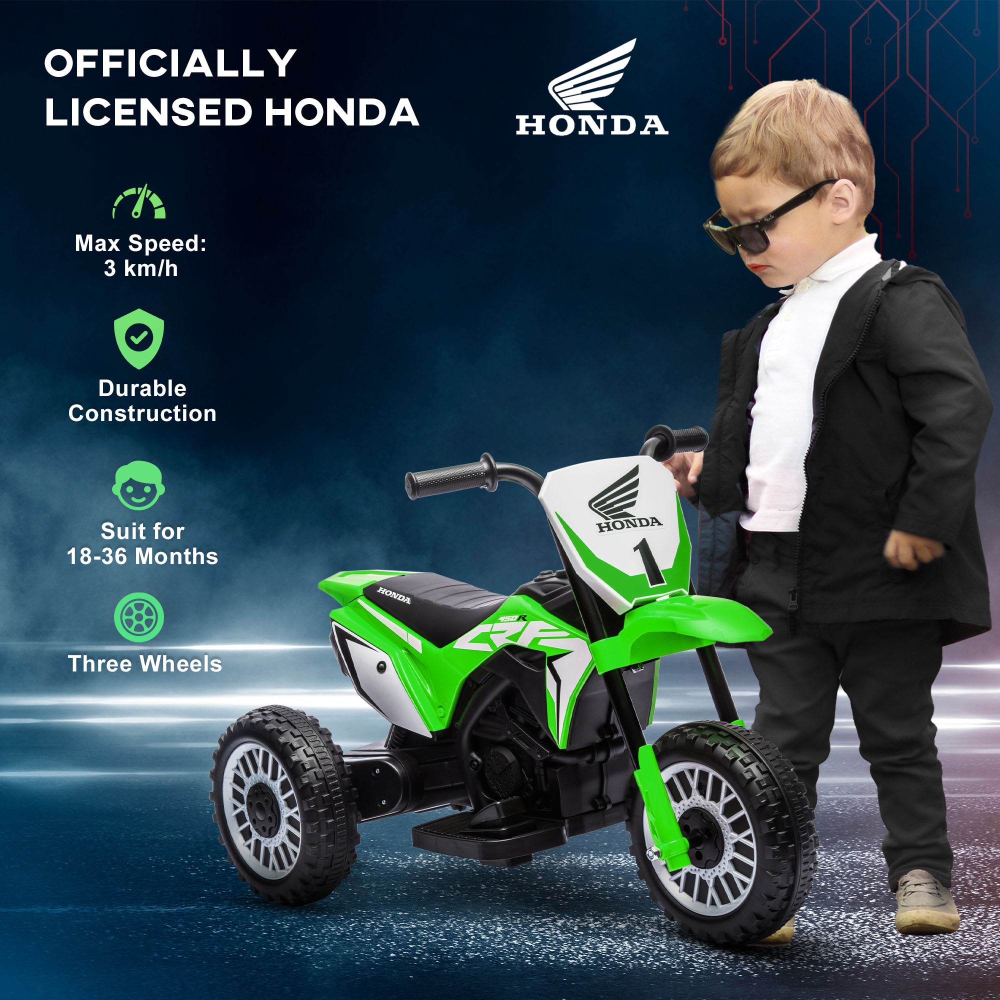 HOMCOM 6V Electric Motorbike for Toddlers, 3-Wheel Design, with Horn and Startup Sound, Vibrant Green - anydaydirect