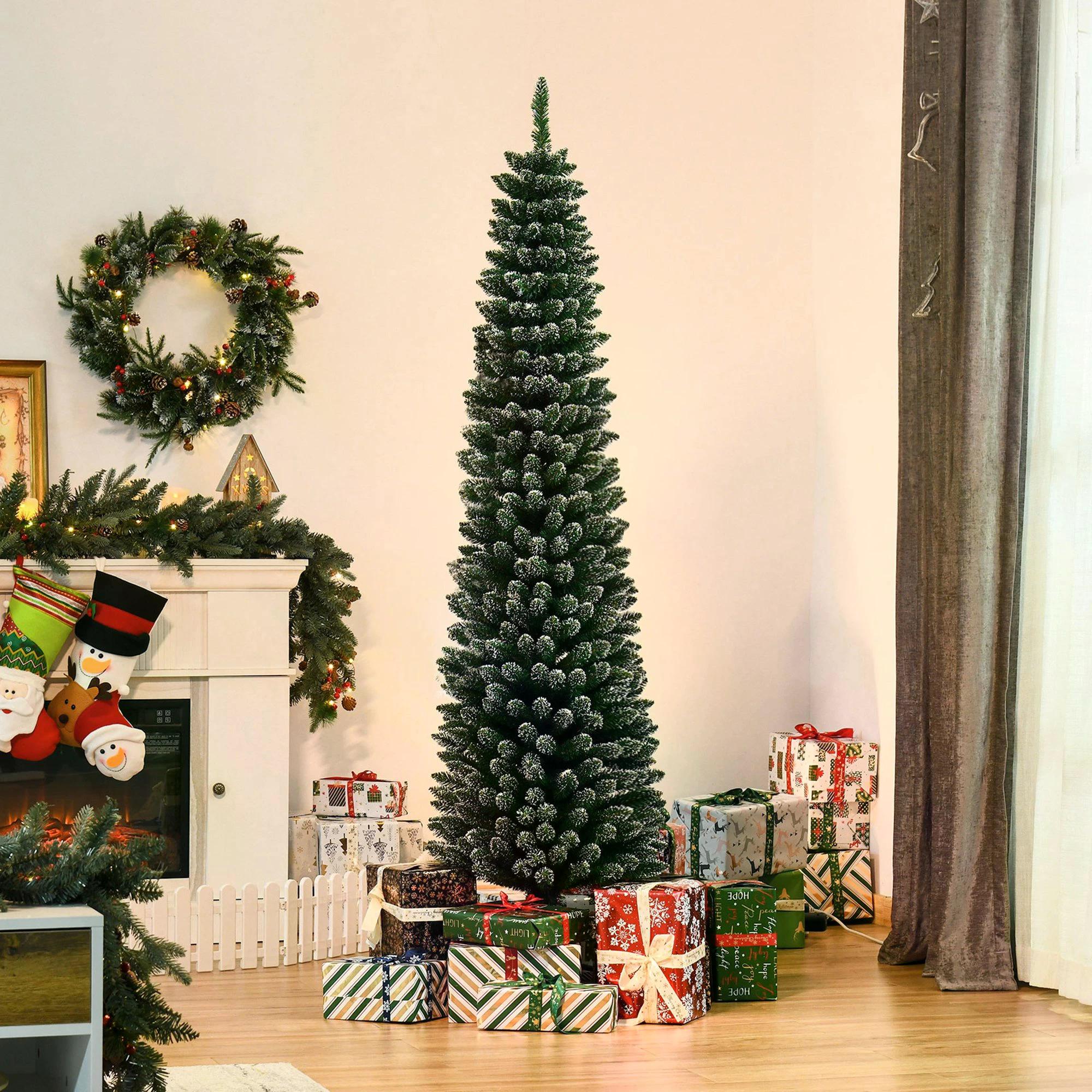 HOMCOM 6.5FT Artificial Snow Dipped Christmas Tree Xmas Pencil Tree Holiday Home Indoor Decoration with Foldable Black Stand, Green - anydaydirect