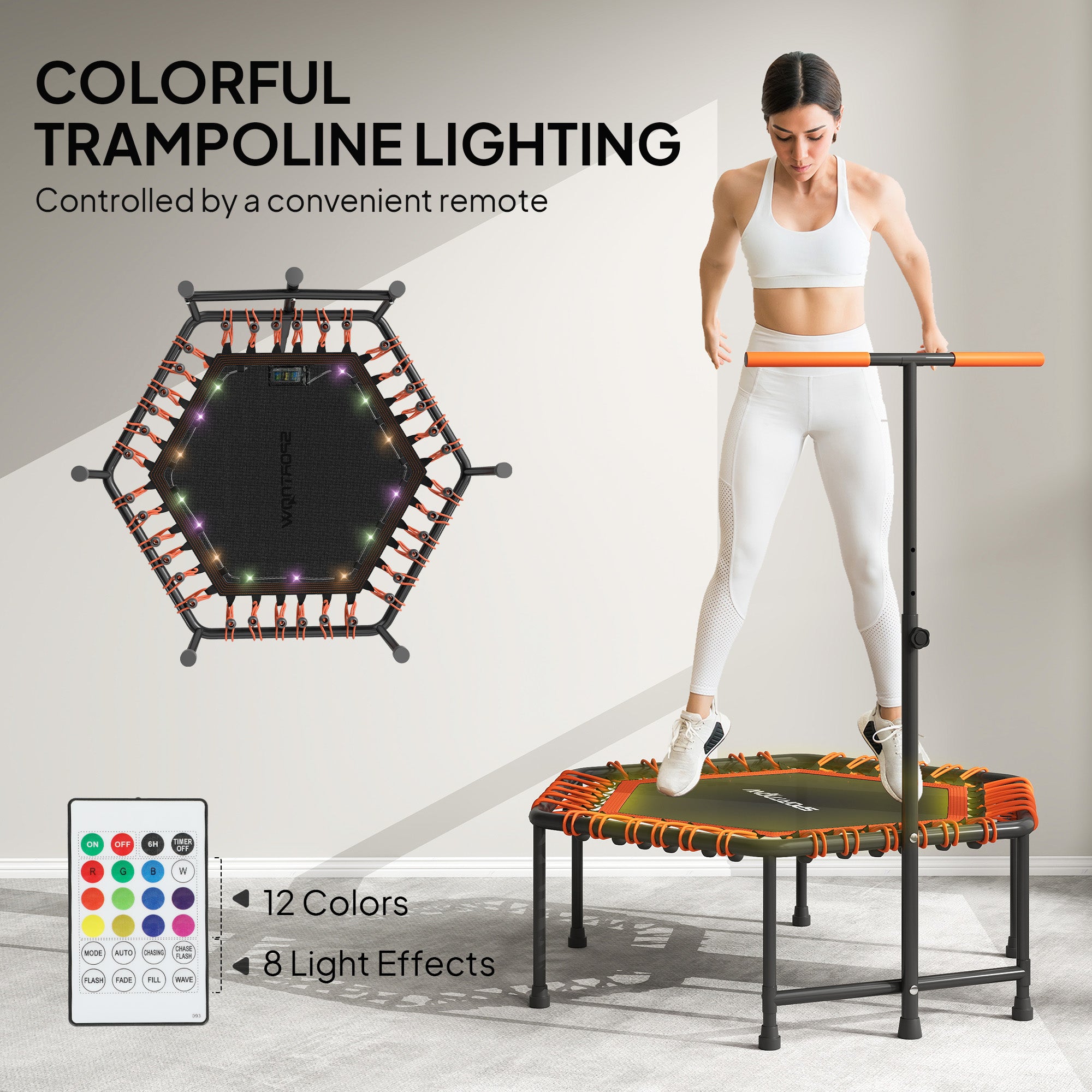 SPORTNOW 45" Rebounder Trampoline for Adults, Quiet Bungee Rebounder with LED Lights and Adjustable Handle, Orange - anydaydirect