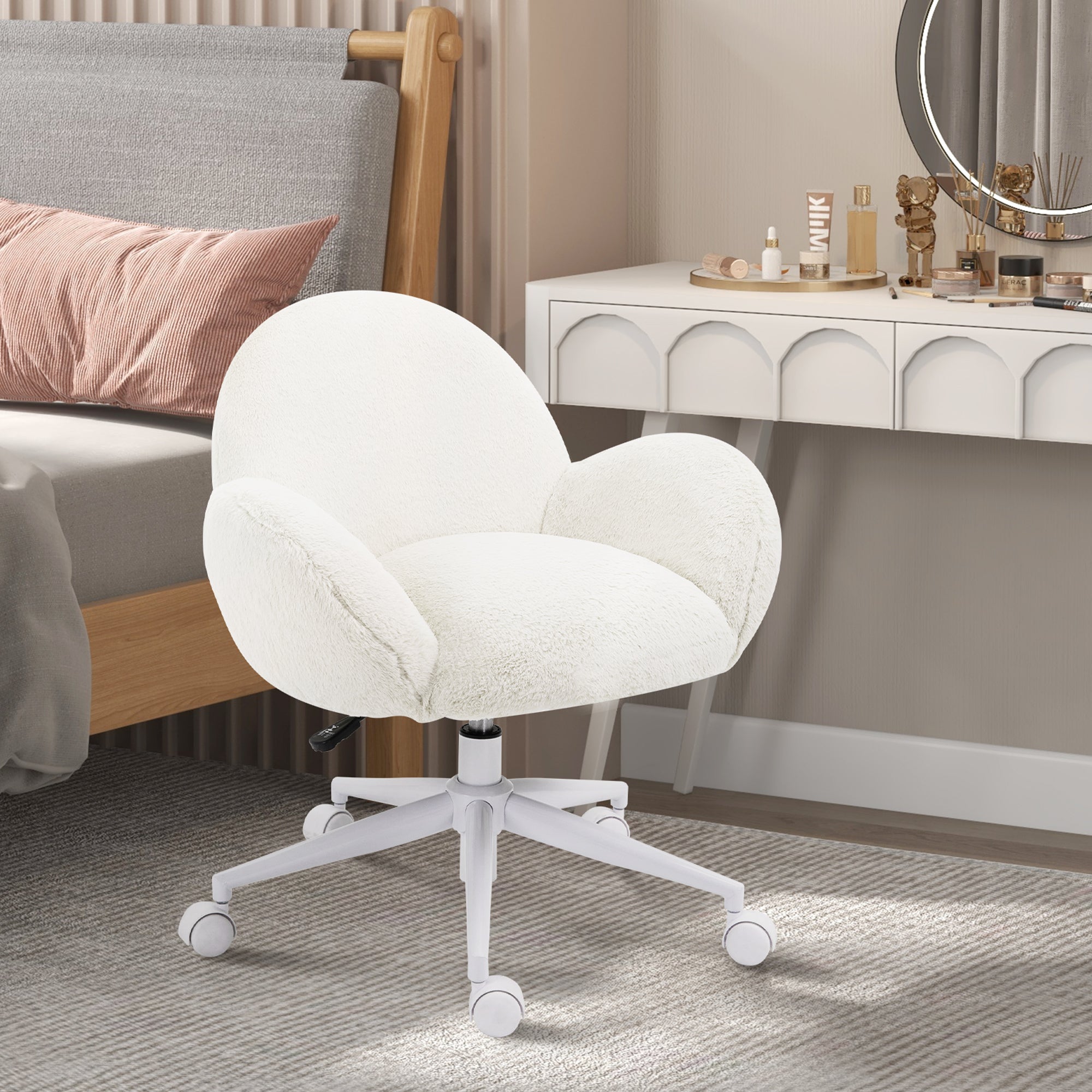 HOMCOM Makeup Vanity Chair, Cute Fluffy Desk Chair with Rolling Wheels for Bedroom Living Room, Cream White - anydaydirect
