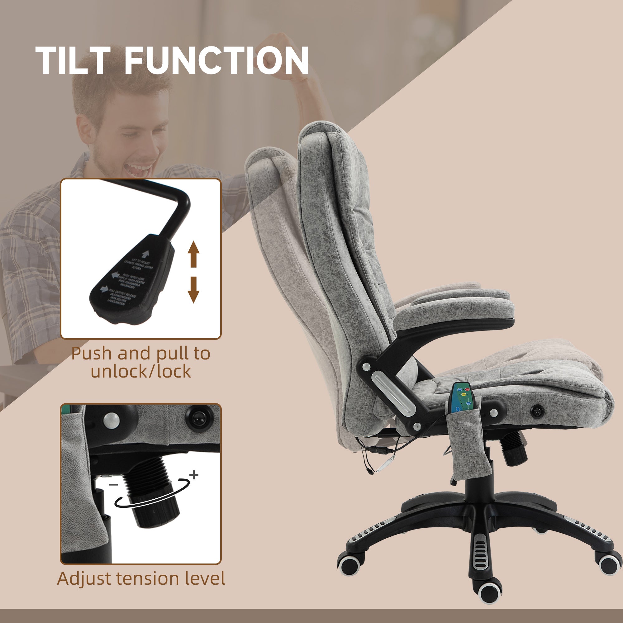 Vinsetto Massage Recliner Chair Heated Office Chair with Six Massage Points Microfiber Cloth 360° Swivel Wheels Grey - anydaydirect