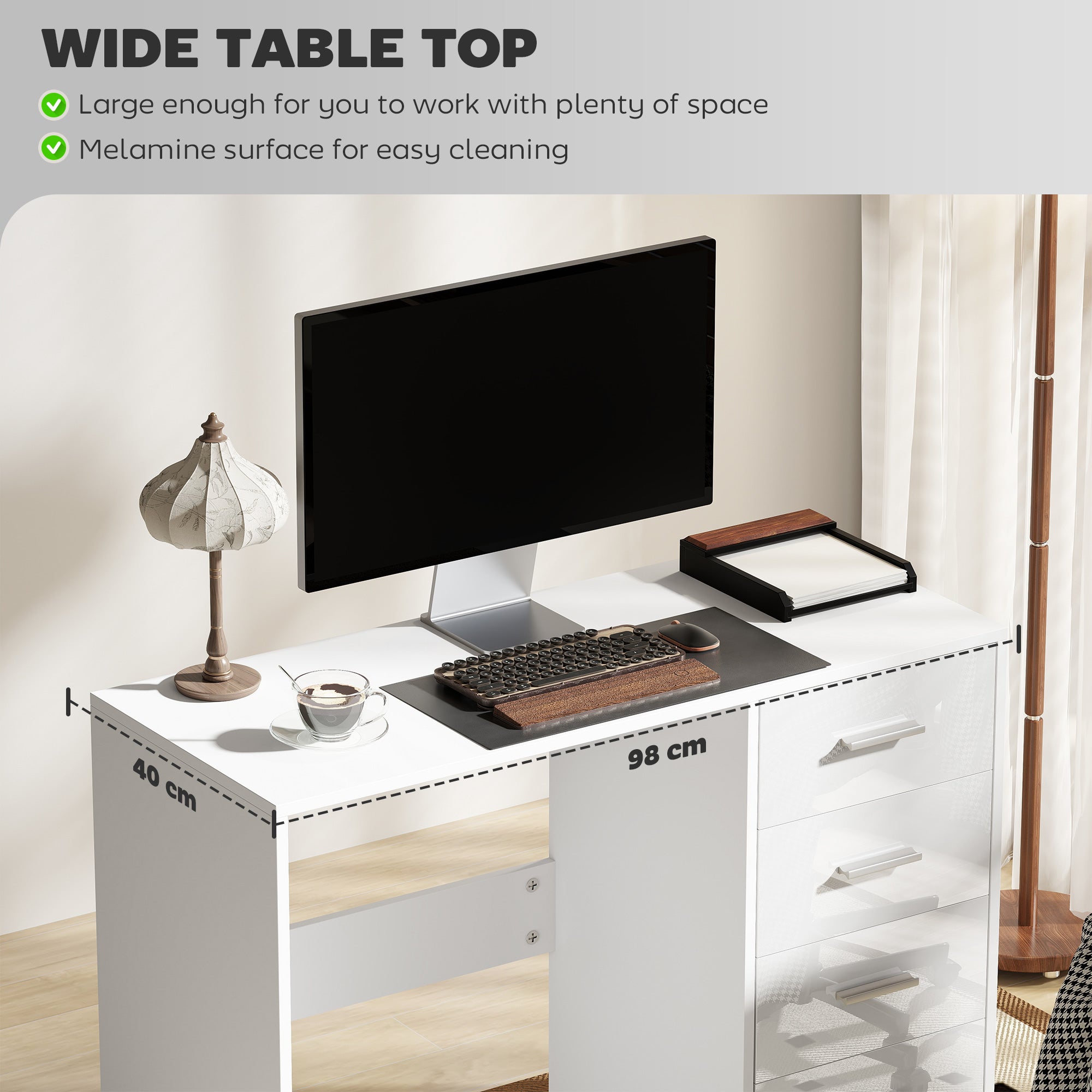 HOMCOM Computer Desk with Drawers, Dressing Table, High Gloss Home Office Writing Workstation, White - anydaydirect