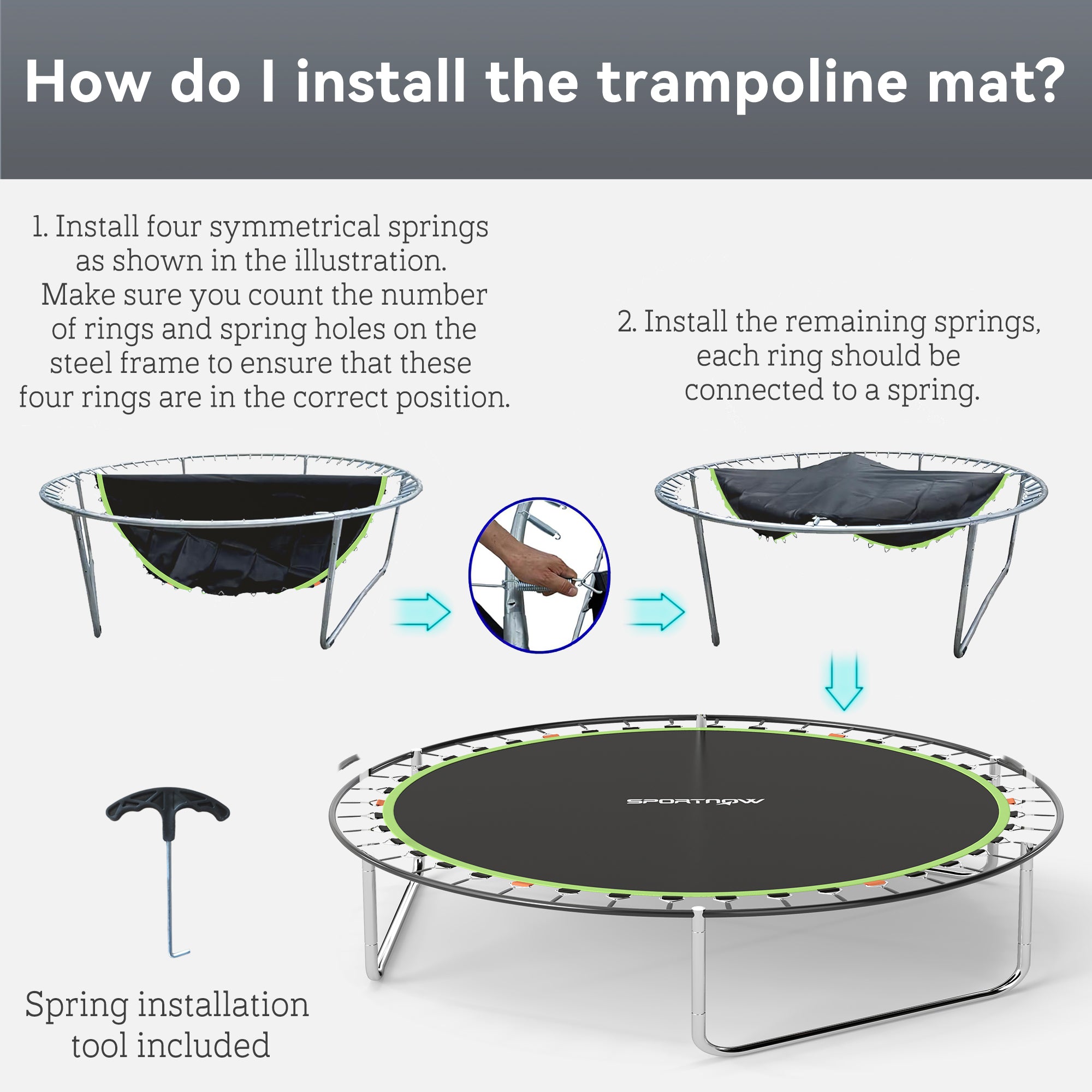 SPORTNOW Trampoline Replacement Mat with Spring Pull Tool, 54 V-Hooks, for 10ft Trampoline using 14cm Springs, Green - anydaydirect