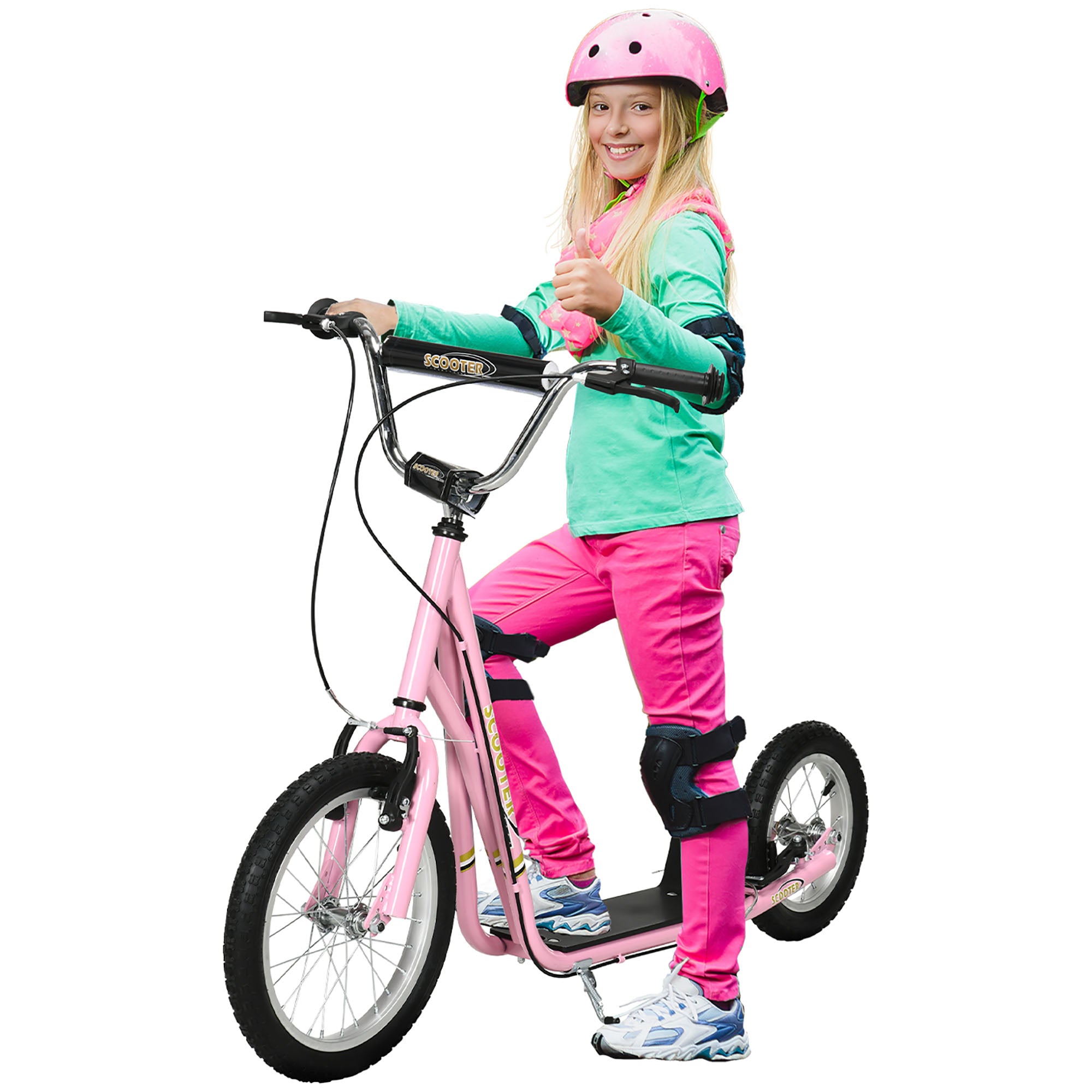 HOMCOM Teen Scooter Push Kick Scooters for Kids with Rubber Wheels Adjustable Handlebar Front Rear Dual Brakes Kickstand, for 5+ Years, Pink - anydaydirect