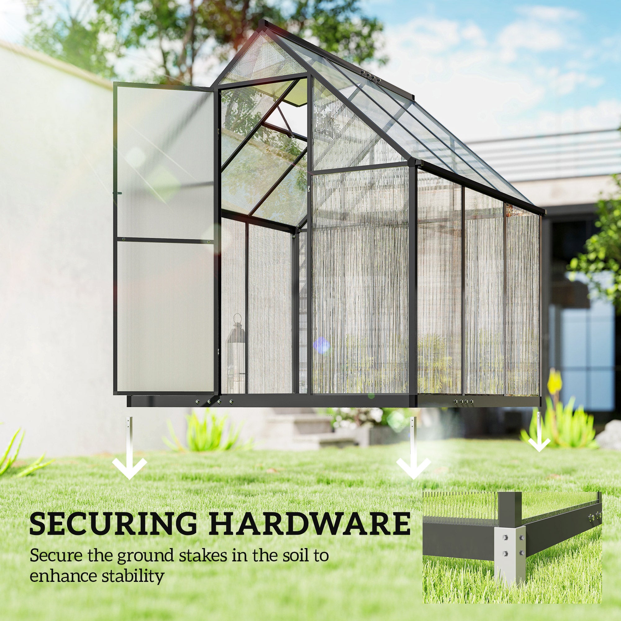 Outsunny Polycarbonate Greenhouse with Swing Door and Adjustable Window, Walk-in Greenhouse with Rain Gutter, 6 x 6.5ft, Black - anydaydirect