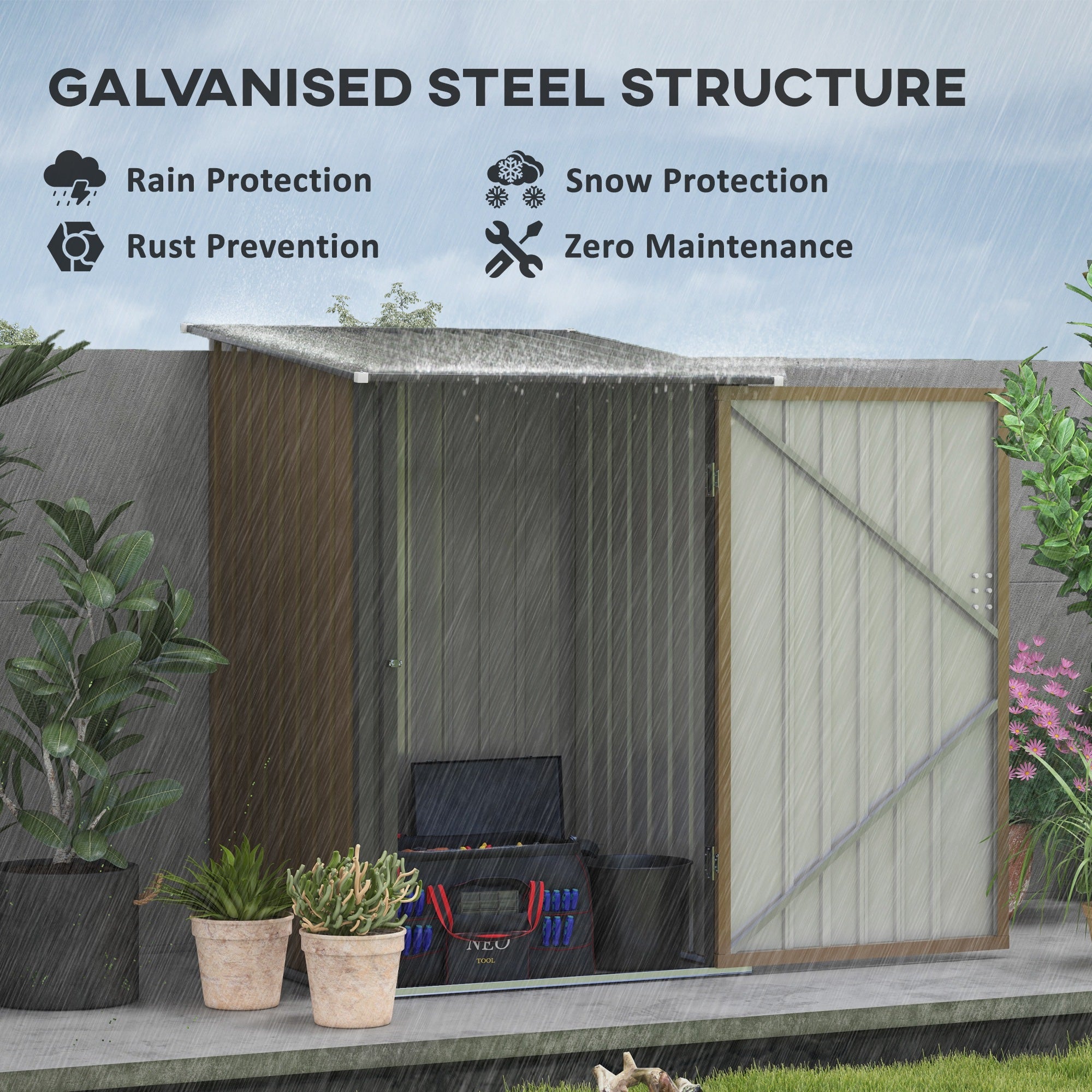 Outsunny 3.3ft x 3.4ft Lean to Garden Shed, Metal Outdoor Storage Shed w/ Single Lockable Door, Tool Storage Shed for Garden, Patio, Brown - anydaydirect