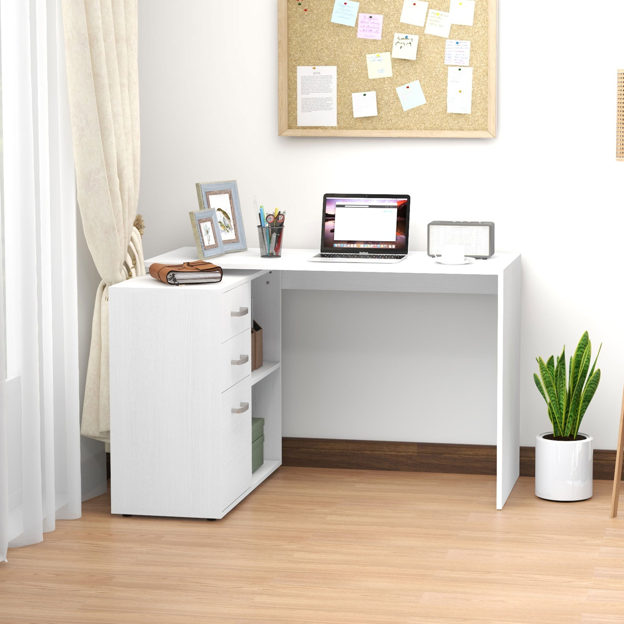 HOMCOM L Shaped Computer Desk, Reversible Home Office Desk with Drawers, File Cabinet and Storage Shelves, Study Table, 117 x 83.5 x 76cm, White - anydaydirect