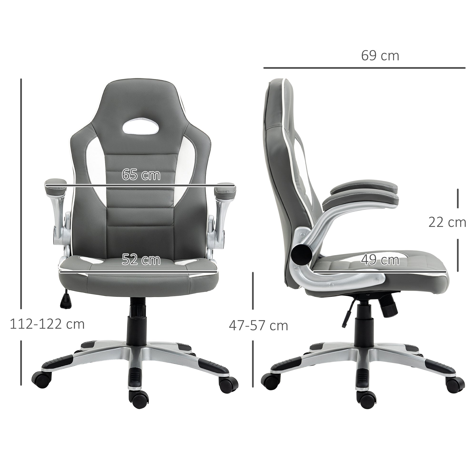 Vinsetto Computer Gaming Chair, Office Desk Swivel Chair, PU Leather Racing Chair with 90° Flip-up Armrest, Adjustable Height and Rolling Wheels, Grey - anydaydirect