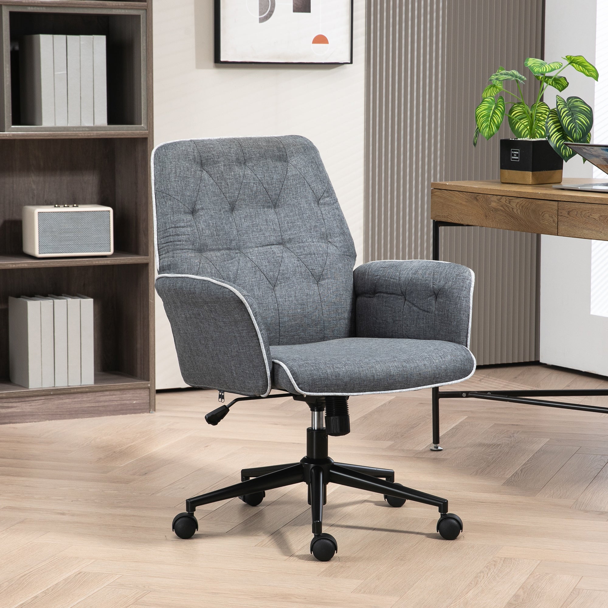 HOMCOM Linen Computer Chair with Armrest, Modern Swivel Chair with Adjustable Height, Dark Grey - anydaydirect