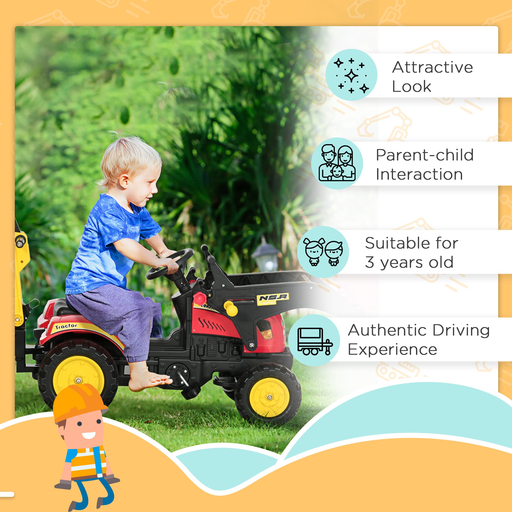 HOMCOM Kids Controllable Excavator Plastic Ride On Pedal Truck Red/Yellow - anydaydirect