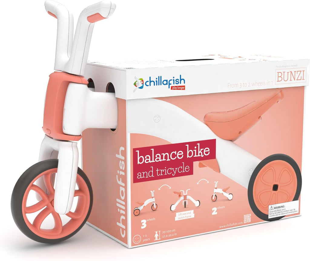 Chillafish Bunzi gradual balance bike and tricycle, 2-in-1 ride on toy for 1-3 year old, combines toddler tricycle and adjustable lightweight balance bike in one, silent non-marking wheels, Flamingo - anydaydirect