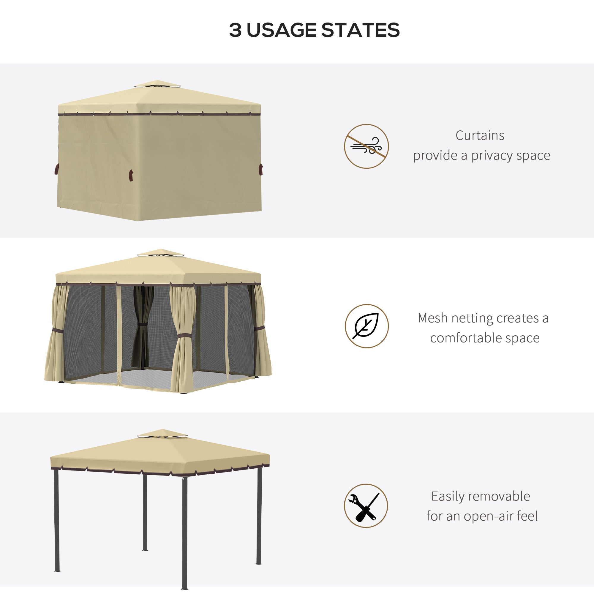 Outsunny 3 x 3(m) Patio Gazebo Canopy Garden Pavilion Tent Shelter with 2 Tier Water Repellent Roof, Mosquito Netting and Curtains, Aluminium Frame, Beige - anydaydirect