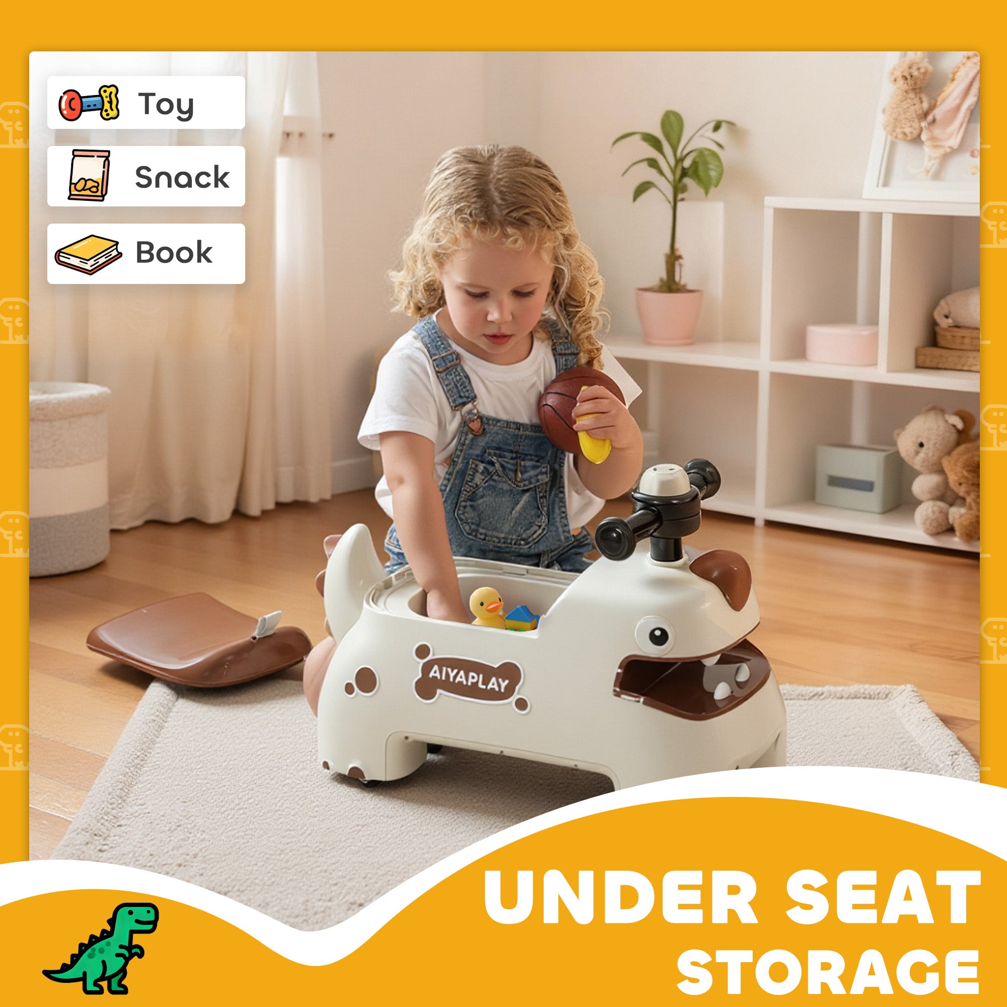 AIYAPLAY Kids Ride On Car, Dinosaur Foot to Floor Slider with Storage, Toddler Walker with Light, Sounds, Cream - anydaydirect