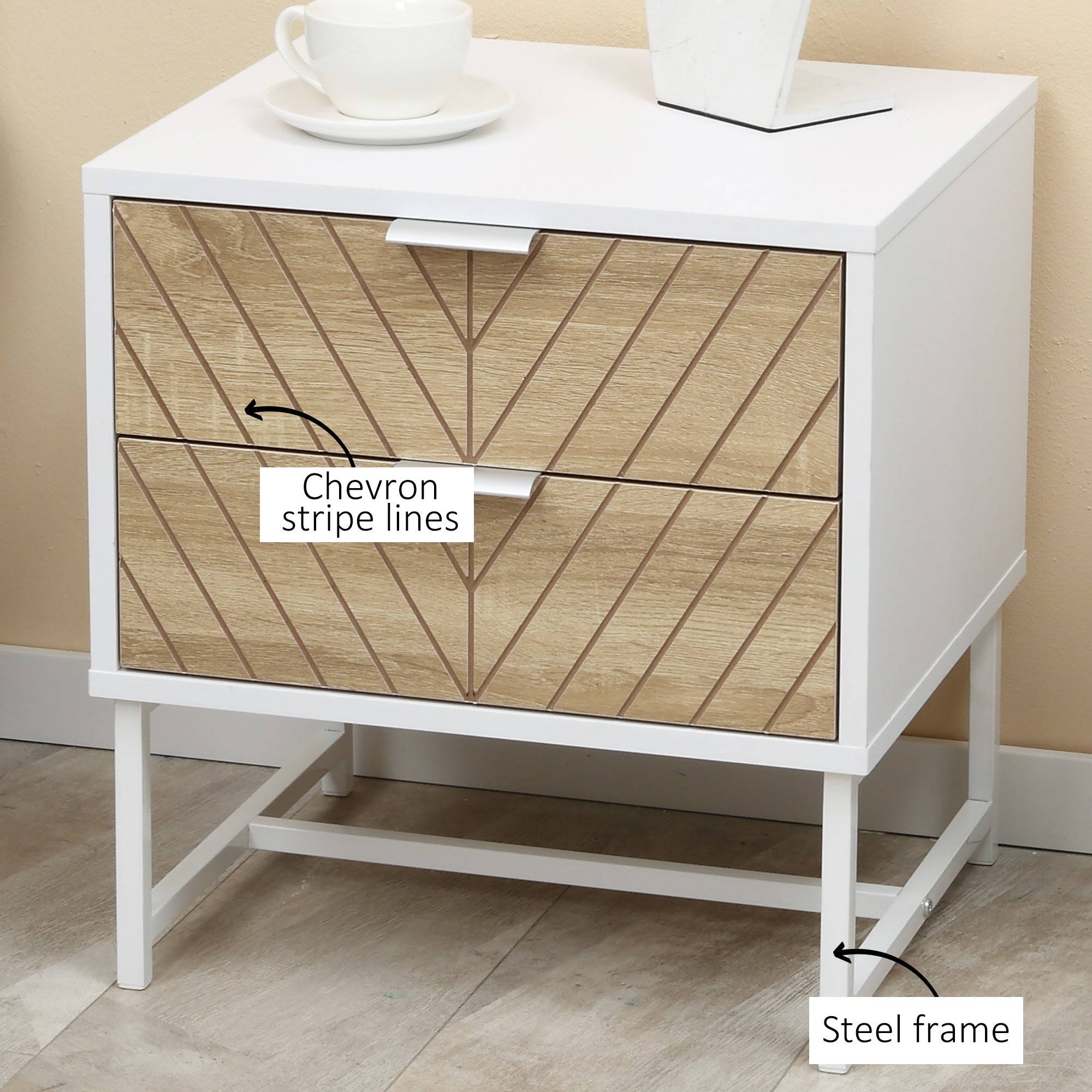 HOMCOM Modern Bedside Table with 2 Drawers and Metal Frame, Sofa Side Table for Bedroom Living Room, White and Oak - anydaydirect