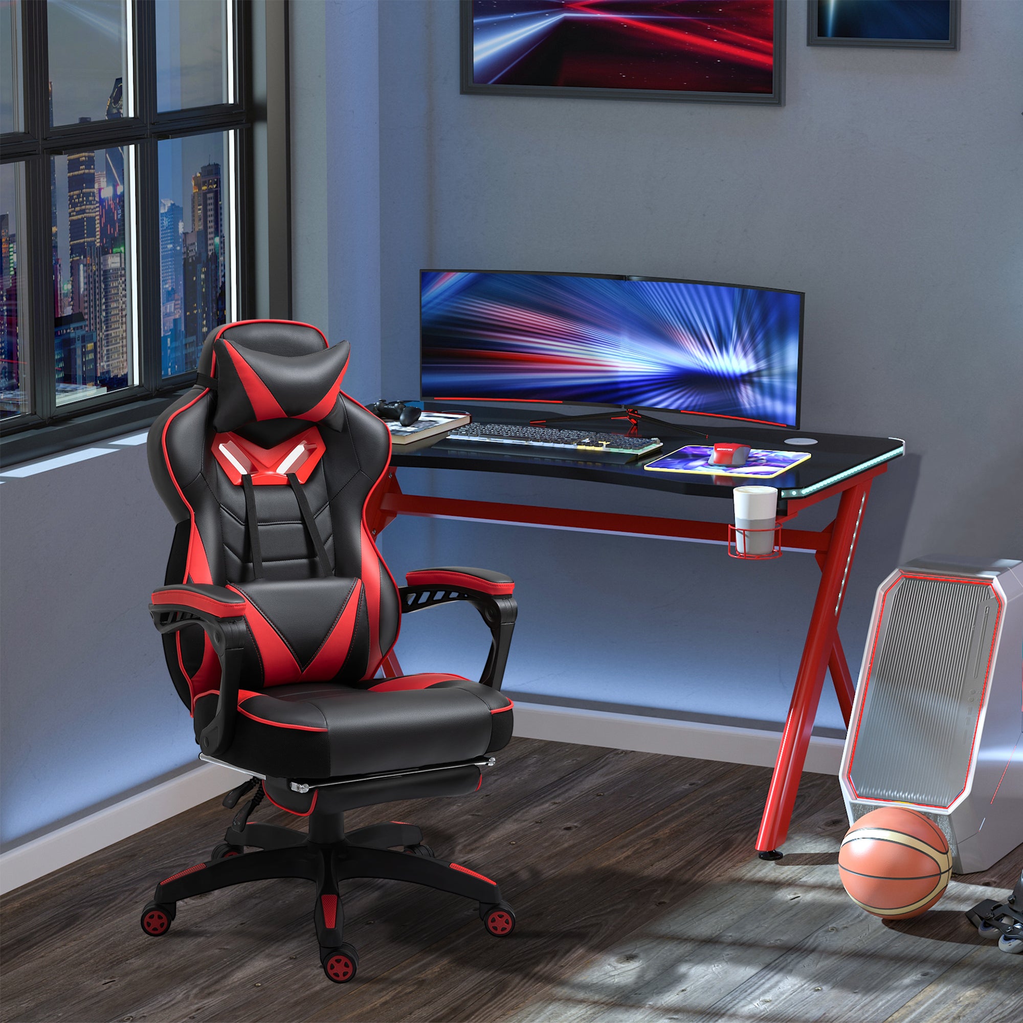 Vinsetto Computer Gaming Chair, Racing Desk Chair with Lumbar Support and Footrest, PU Leather Gamer Chair with Headrest and Swivel Wheels for Home, Red - anydaydirect