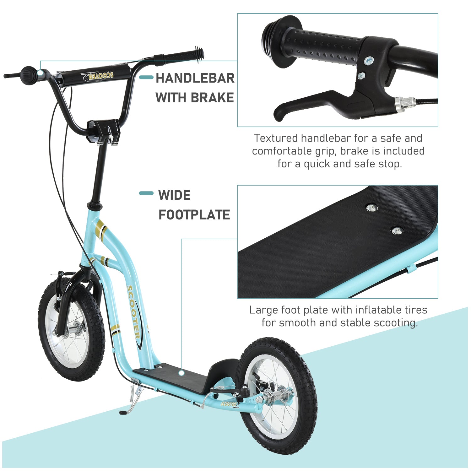 HOMCOM Teen Kids Stunt Scooter w/ Adjustable Handlebar, 12 Inch Rubber Tyres, Dual Brakes, Blue - anydaydirect