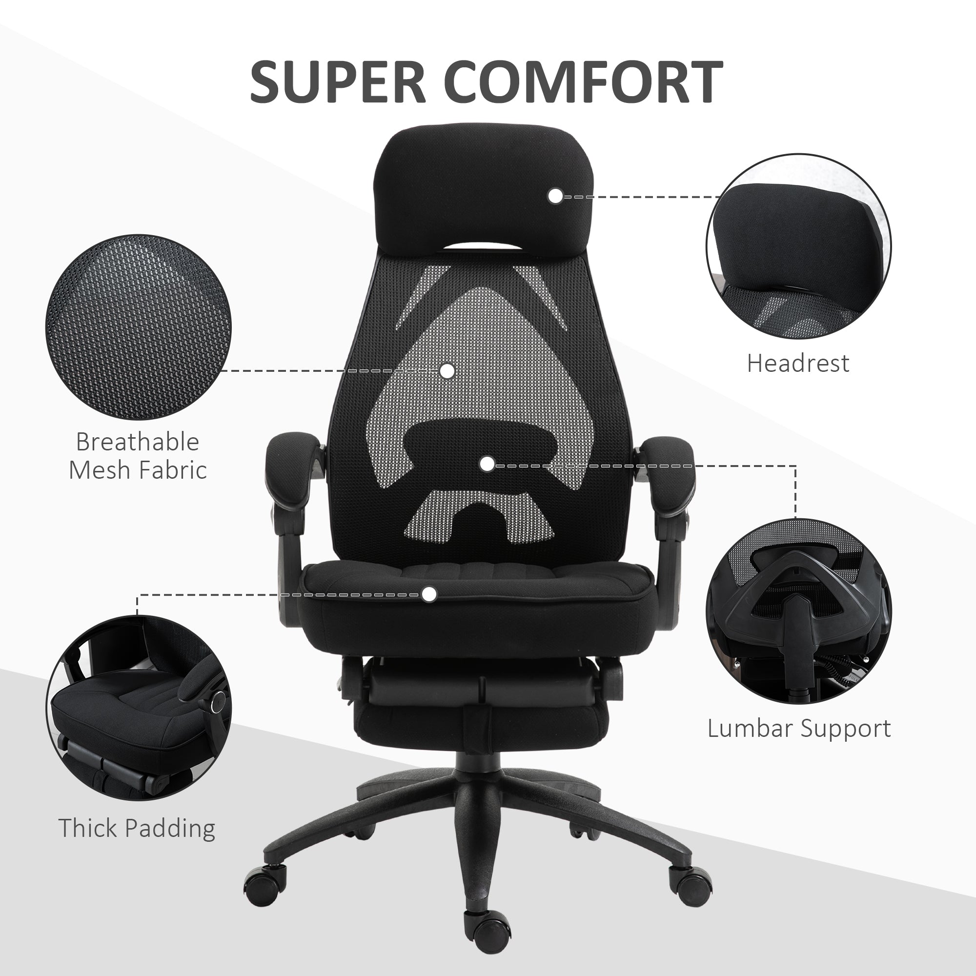 Vinsetto Office Chair with Footrest,High Back Swivel Desk Chair with Adjustable Height and Headrest for Home Office, Black - anydaydirect