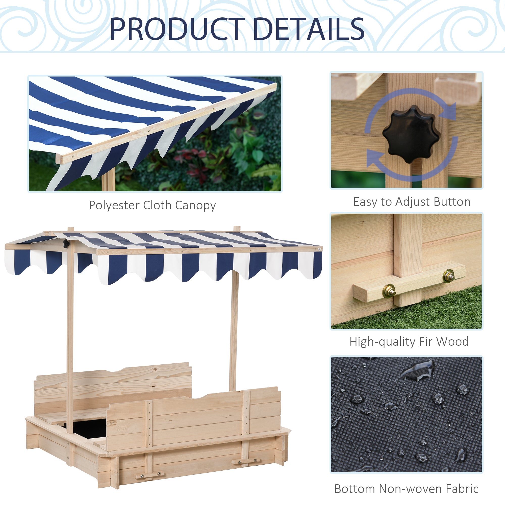 Outsunny Kids Wooden Sand Pit with Lids Children Sandbox Height Adjustable Canopy for Garden, Convertible Bench Seat Outdoor Backyard Playset, Blue and White Canopy - anydaydirect