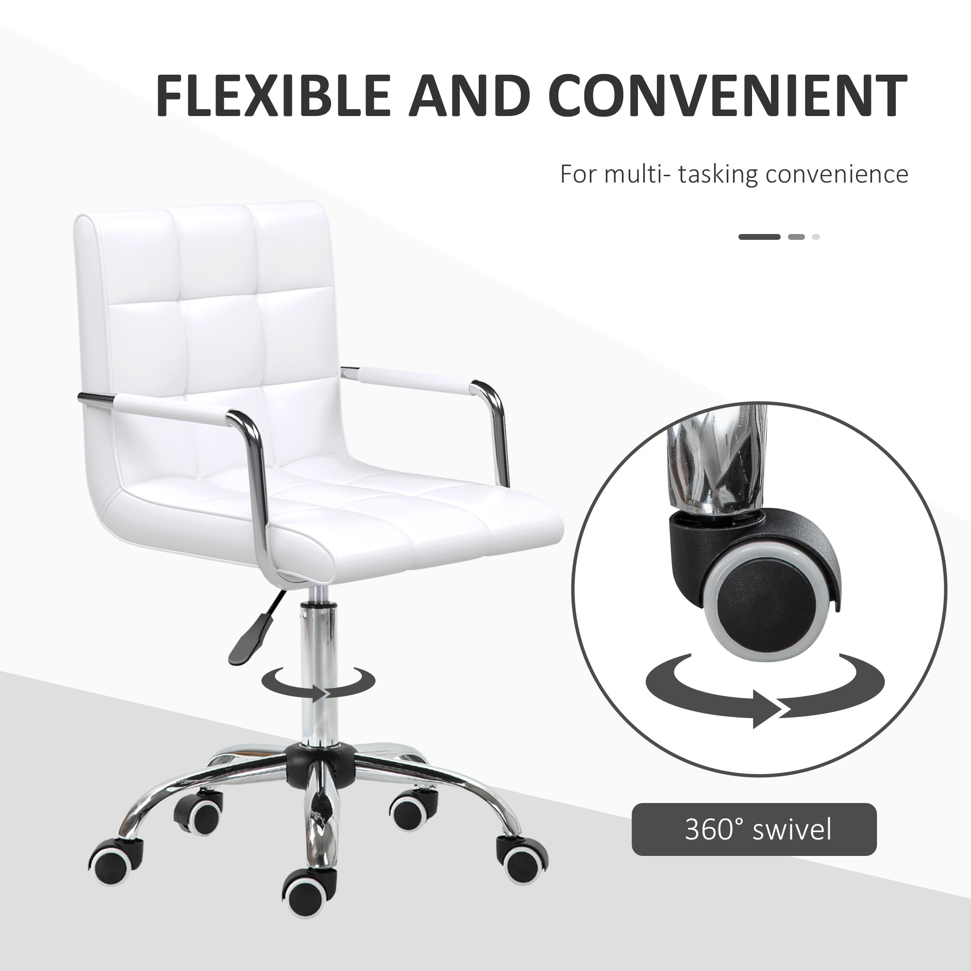 Vinsetto Office Chair, Makeup Vanity Chair, Mid Back Computer Chair, PU Leather Swivel Study Chair with Adjustable Height, Armrest and Rolling Wheels, White - anydaydirect