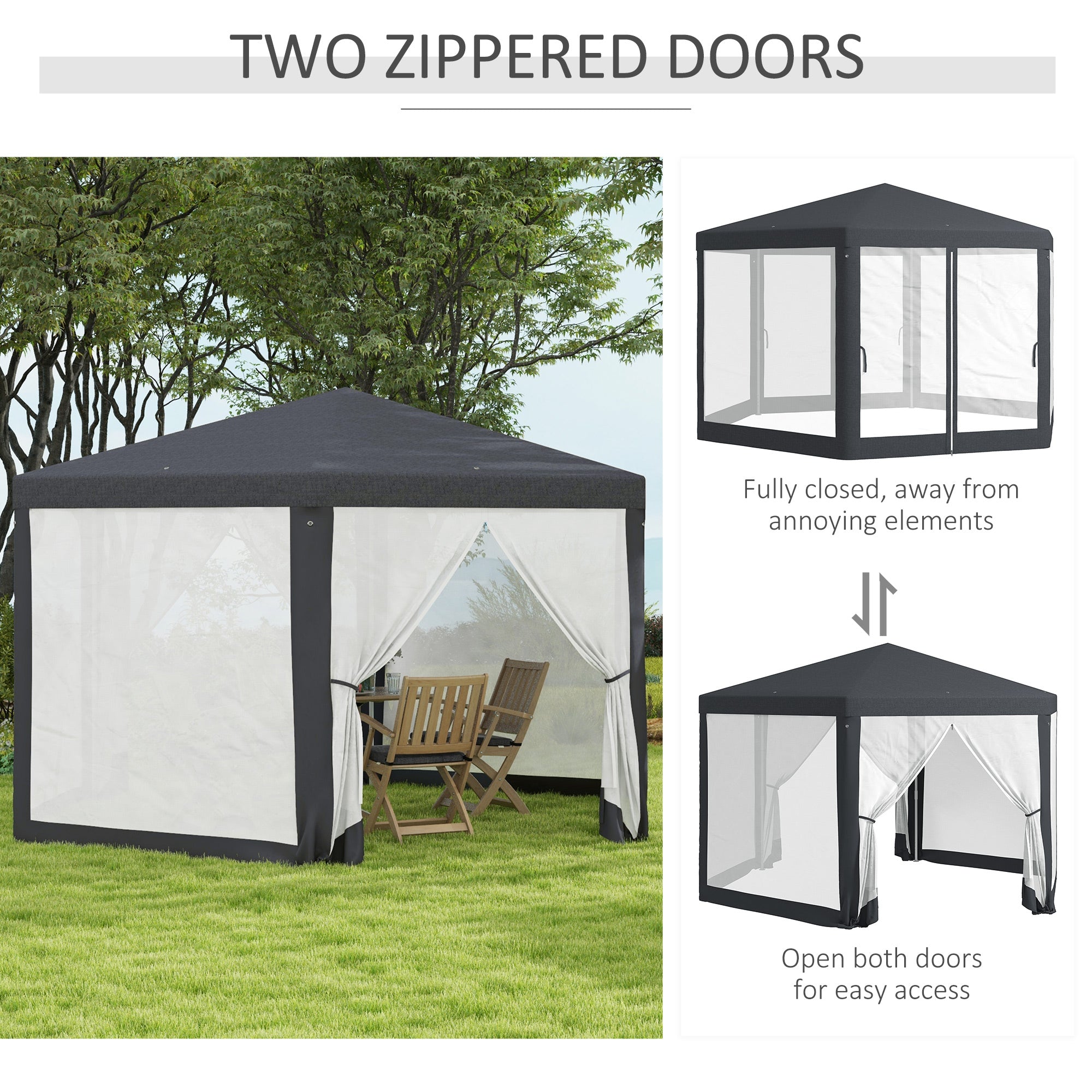 Outsunny 4M Hexagon Gazebo, Netting Party Tent, Patio Canopy Outdoor Event Shelter for Activities, Shade Resistant, Dark Grey - anydaydirect