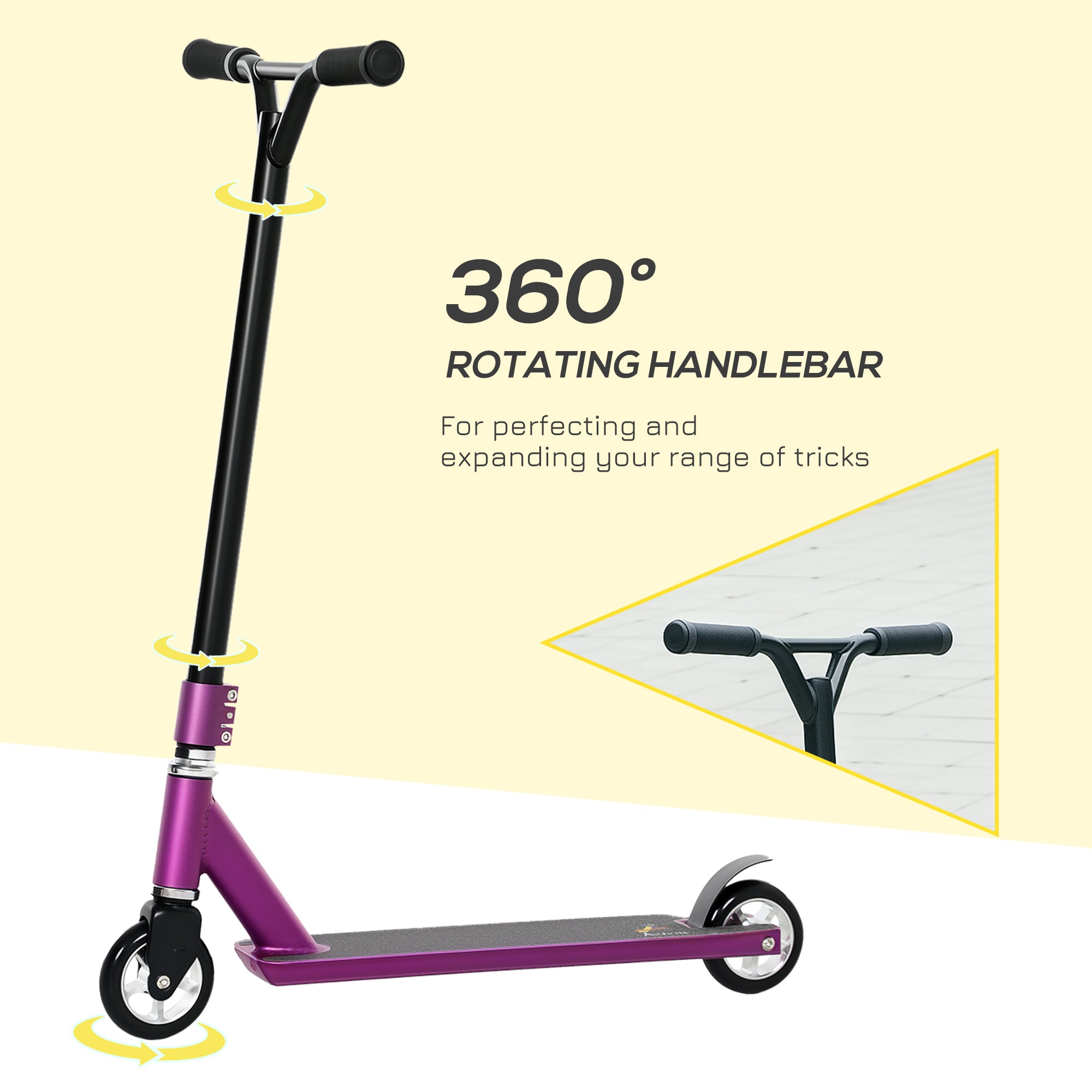 HOMCOM Stunt Scooter, 360° Entry Level Tricks Scooter w/ Lightweight Aluminium Deck and ABEC 7 Bearing, For Age 14+ Beginners, Purple - anydaydirect
