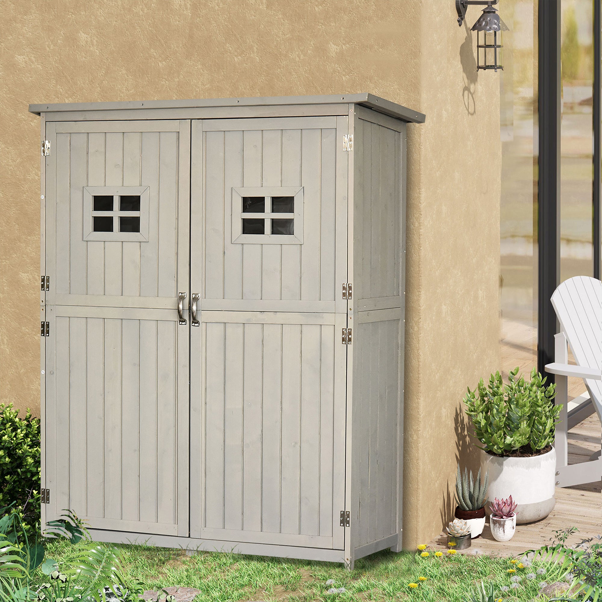 Outsunny Wooden Garden Shed Tool Storage Outsunny Wooden Garden Shed w/ Two Windows, Tool Storage Cabinet, 127.5L x 50W x 164H cm, Grey - anydaydirect