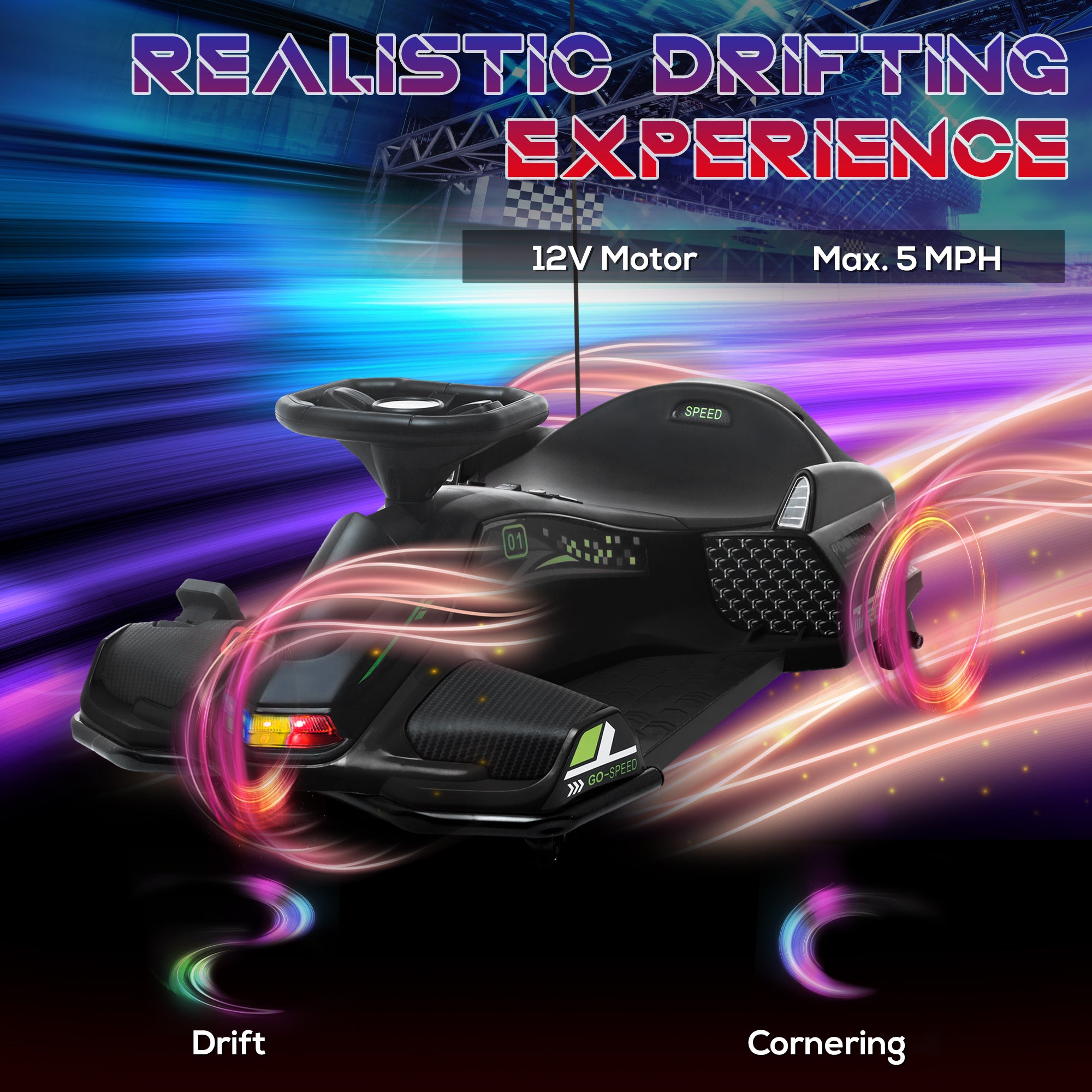 HOMCOM 12V Kids Electric Go Kart with Music, LED Lights, Slow Start, Black - anydaydirect