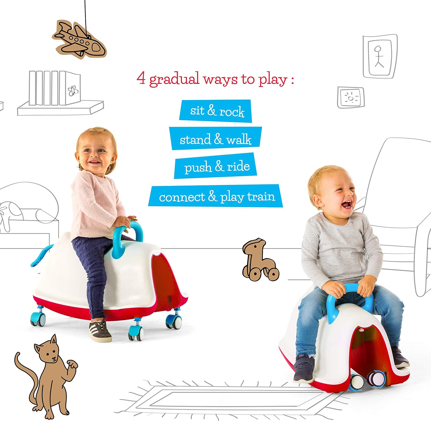 Chillafish Trackie 4-in-1 Rocker, Walker, Ride-on & Play Train, for Kids 1-5 Years, with Adjustable seat Height, Silent Non-Marking 360° Swivel Wheels, Blue Red - anydaydirect